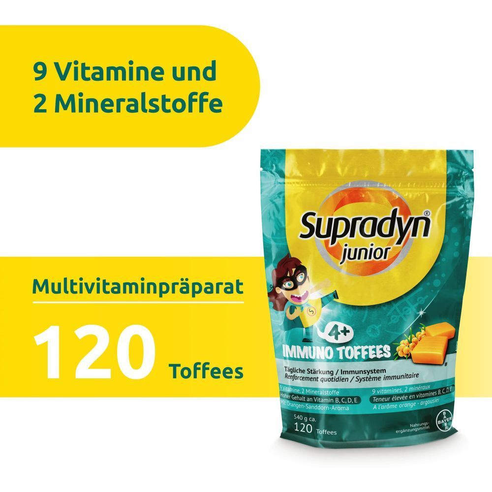 Packung mit Supradyn Junior Immuno Toffees. Enthält 120 Toffees. Aufschrift: 4+ und Immunsystem. Mit 9 Vitaminen und 2 Mineralstoffen.