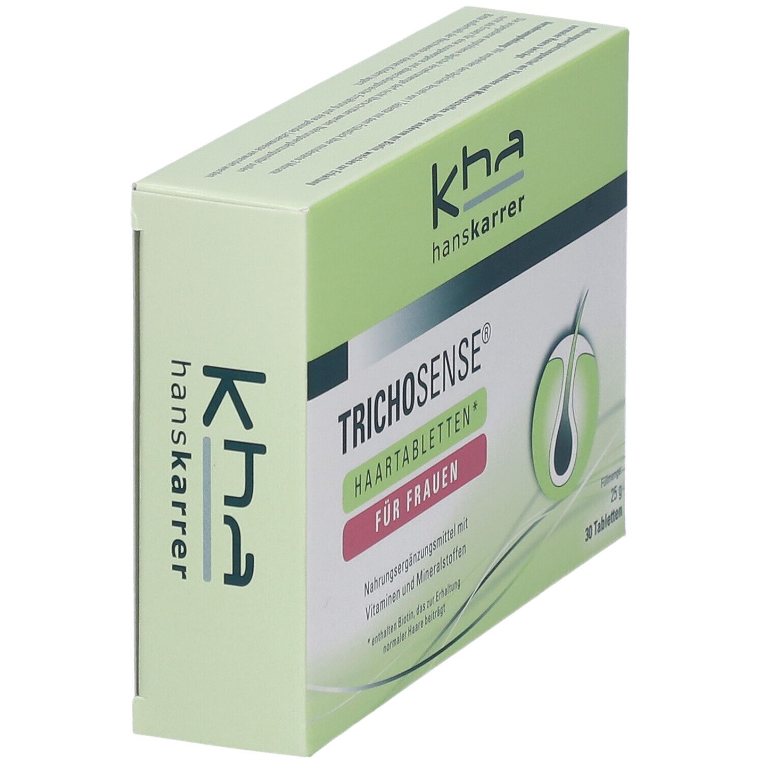 Seitenansicht der Trichosense Haartabletten-Verpackung. Grün-weißes Design mit Produktnamen und Logo.