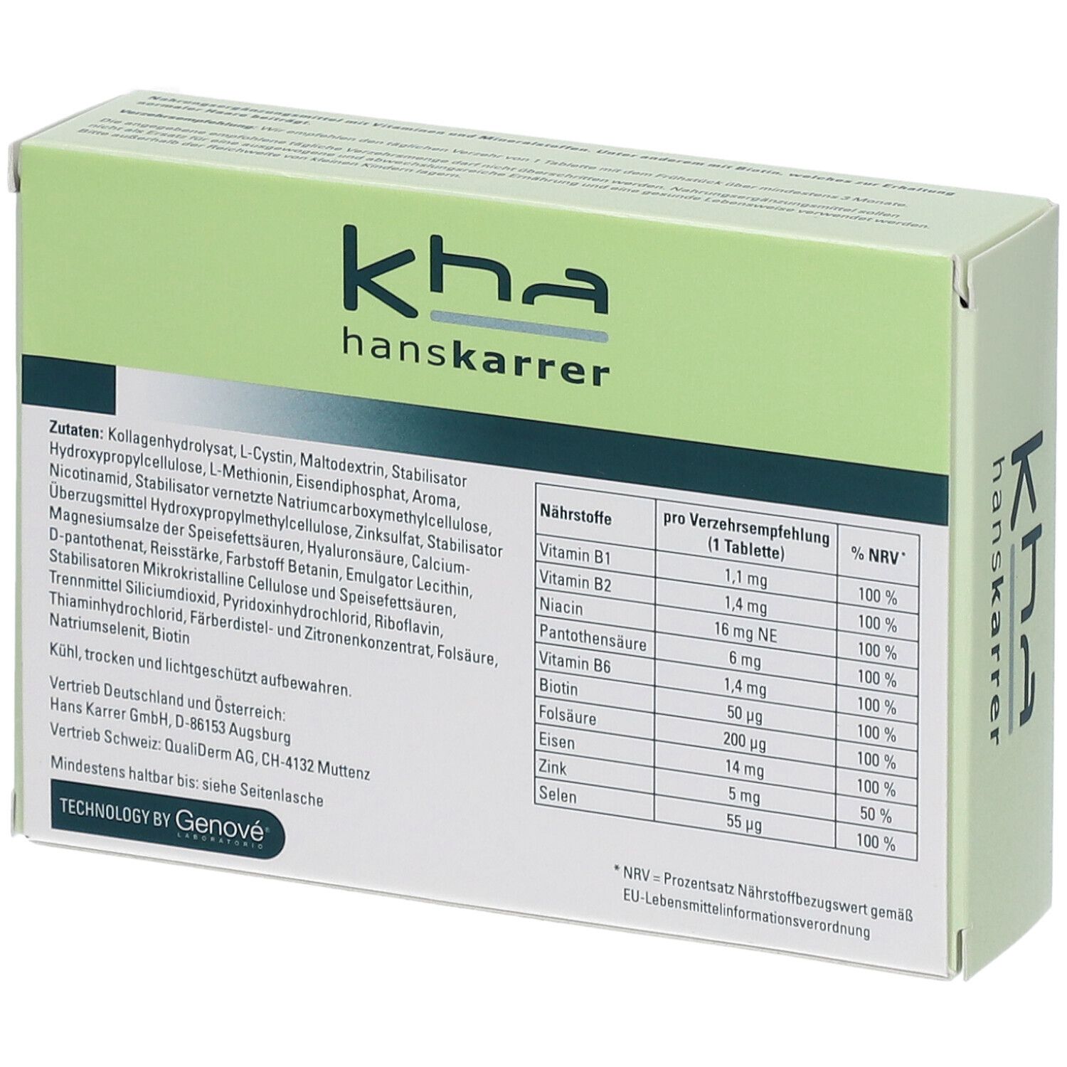 Rückseite der Trichosense Haartabletten-Verpackung. Enthält Zutatenliste und Nährwertangaben.