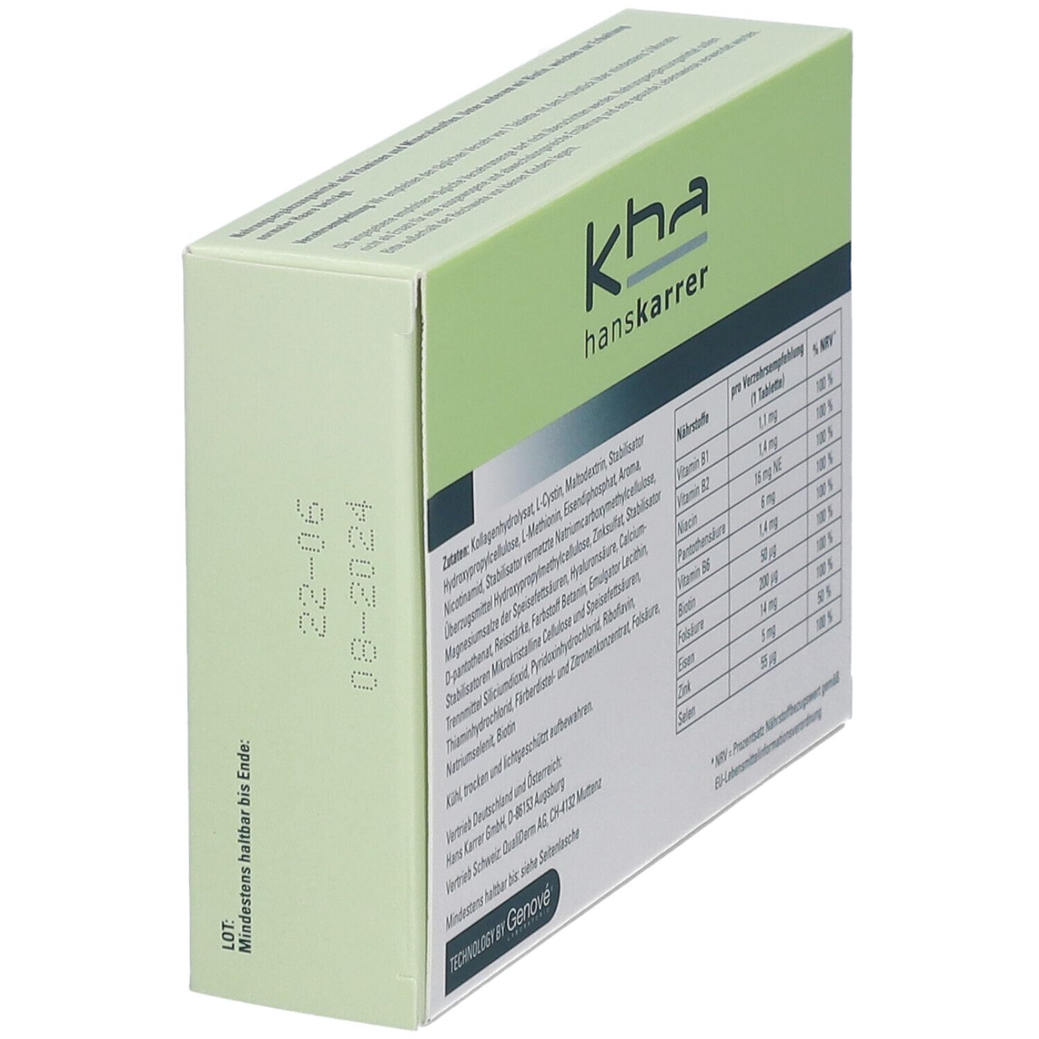 Seitenansicht der Trichosense Haartabletten-Verpackung mit Mindesthaltbarkeitsdatum.