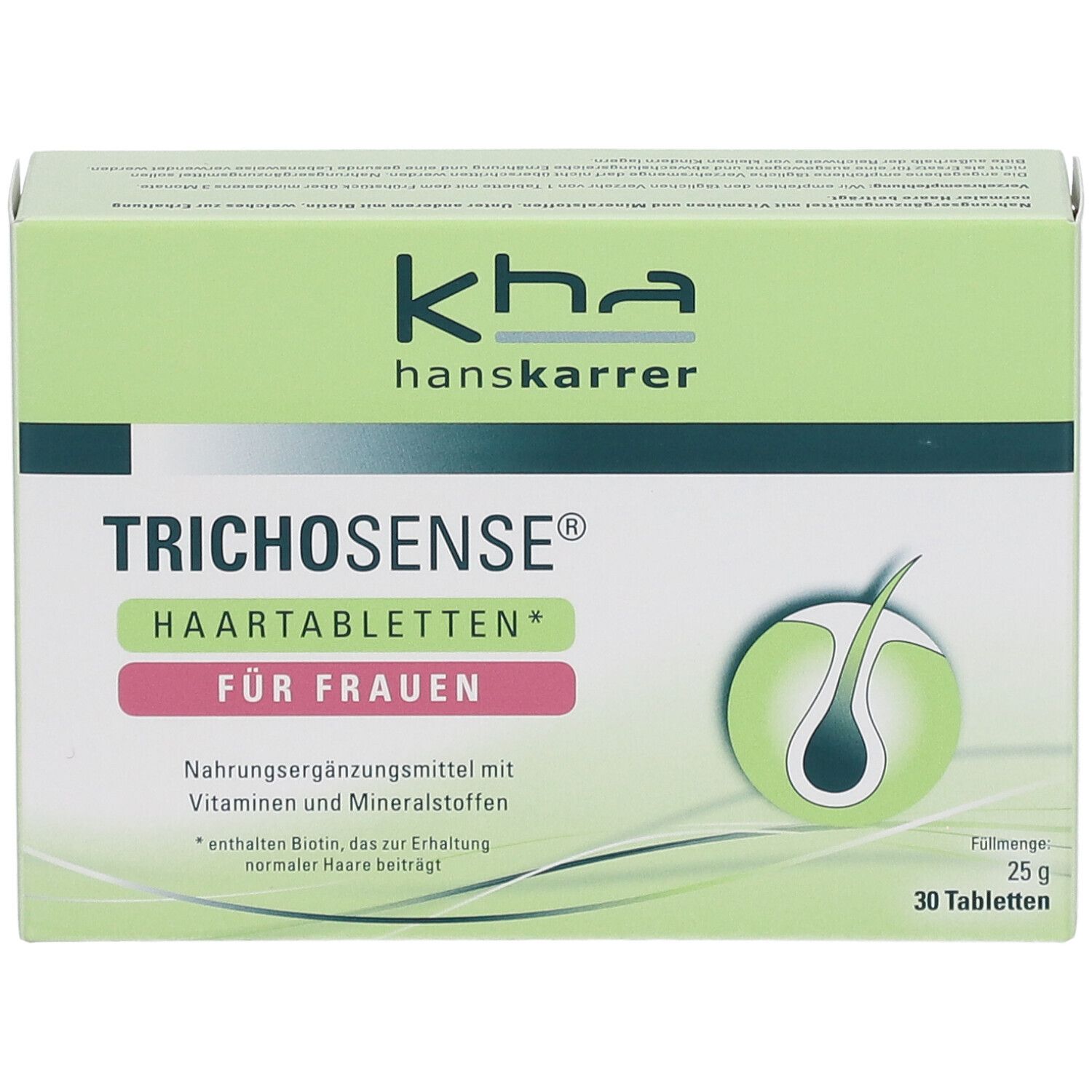 Vorderansicht der Trichosense Haartabletten-Verpackung. Grün-weißes Design mit Produktnamen und Logo.