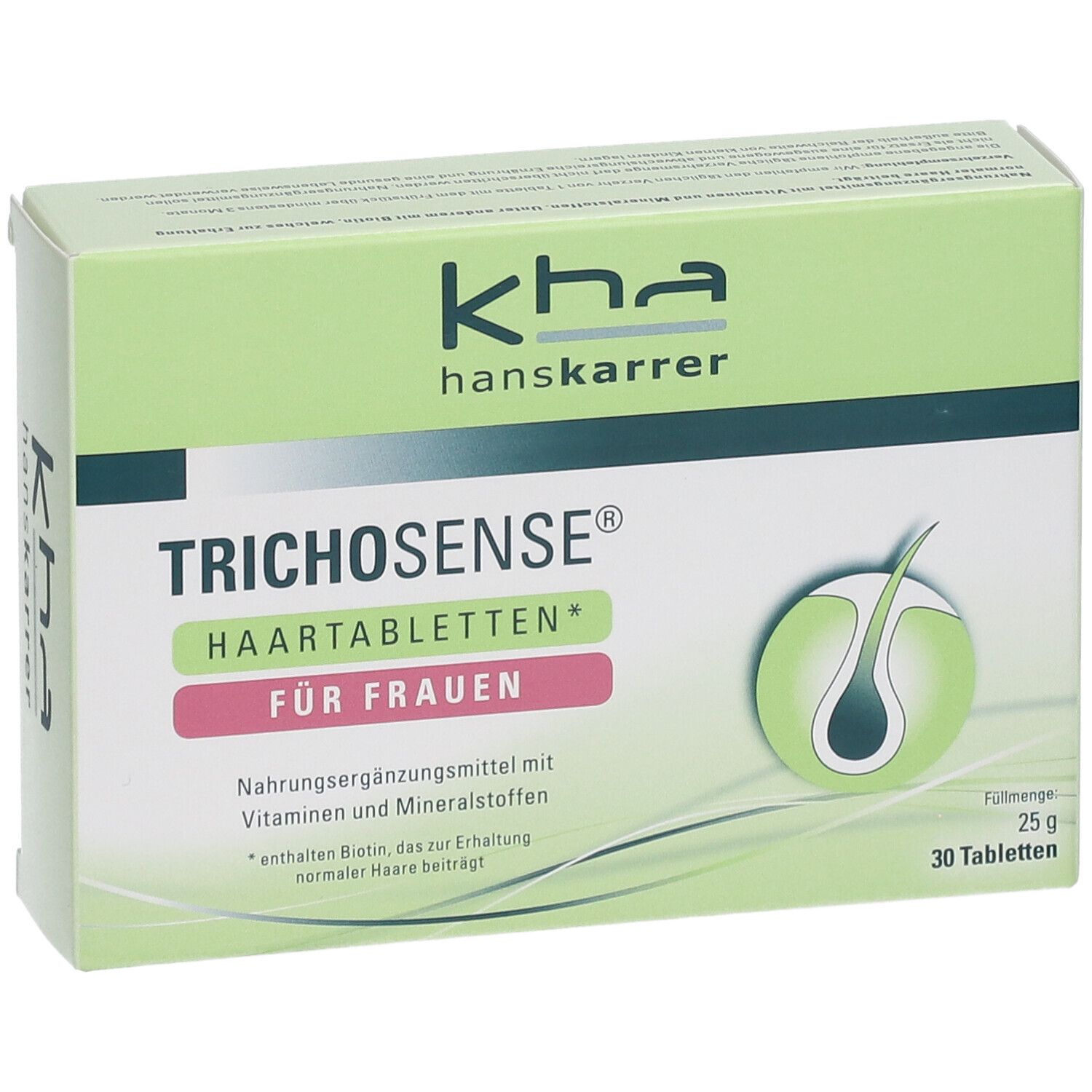 Vorderansicht der Trichosense Haartabletten-Verpackung. Grün-weißes Design mit Produktnamen und Logo.
