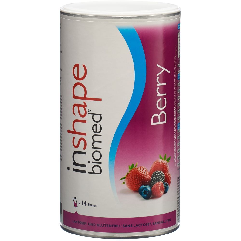 Zylindrische Dose mit "inshape biomed" und "Berry" Aufdruck. Abbildung von Beeren. Enthält 14 Shakes.