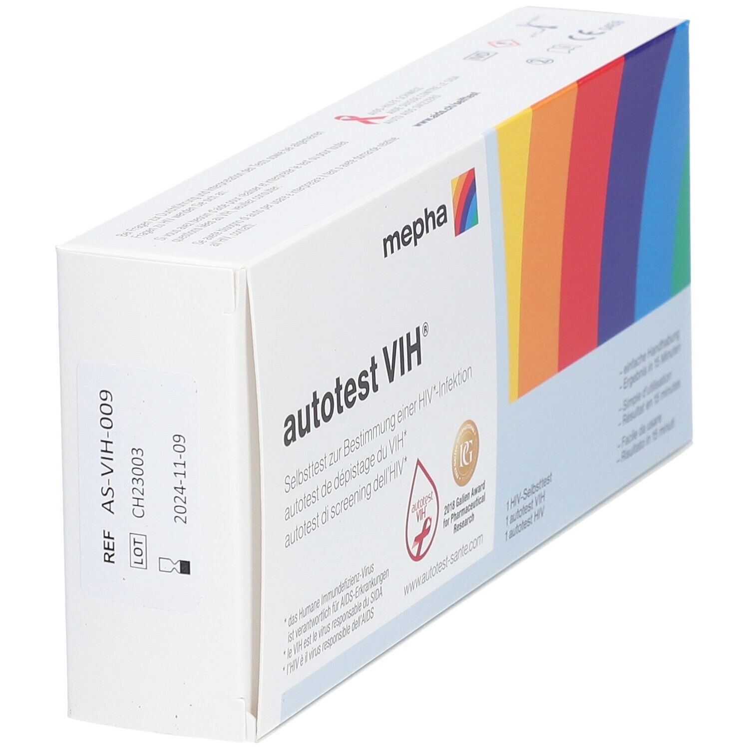 Schrägansicht der MEPHA Autotest VIH®-Verpackung. Weiß, mit Logo, Regenbogen-Design und Produktbezeichnung.