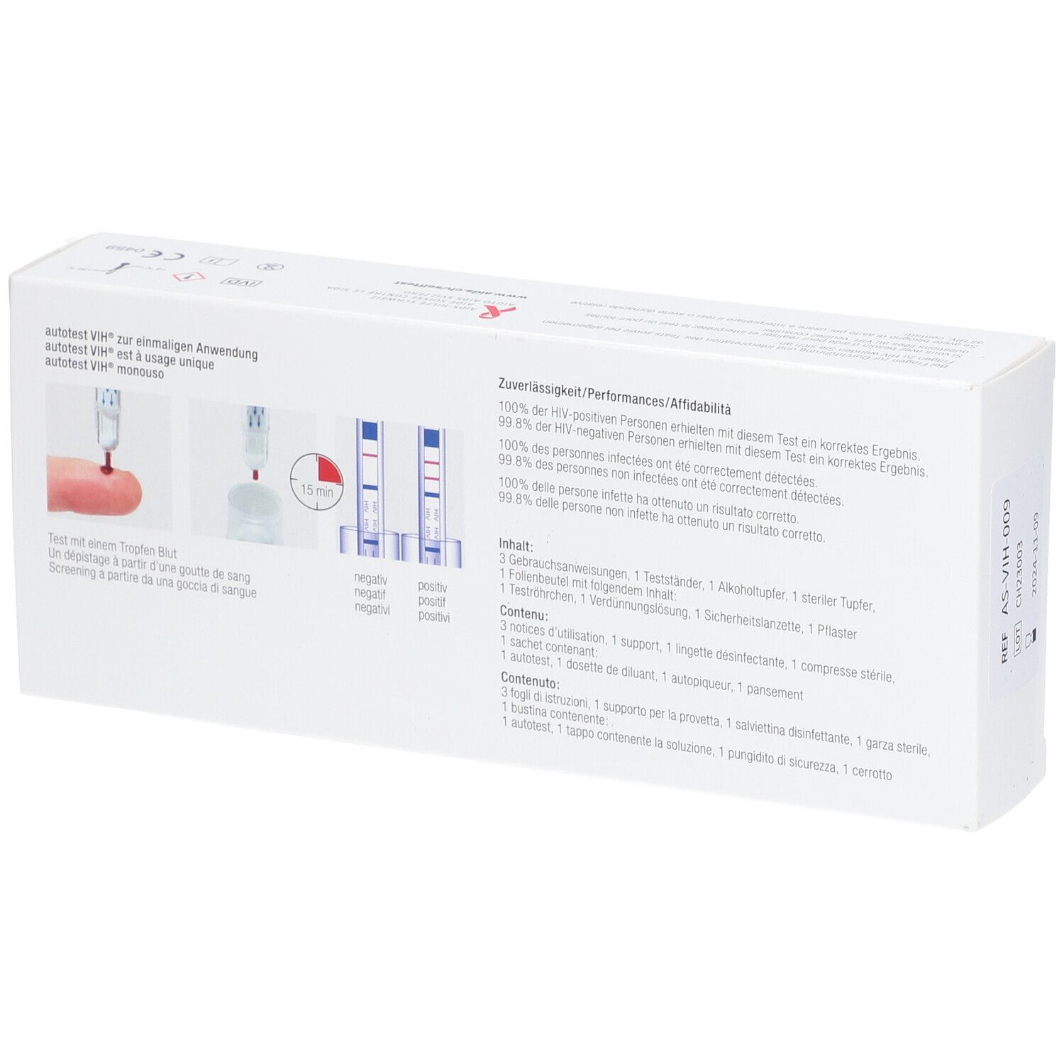 Rückseite der MEPHA Autotest VIH®-Verpackung. Enthält Informationen zu Leistung und Inhalt.