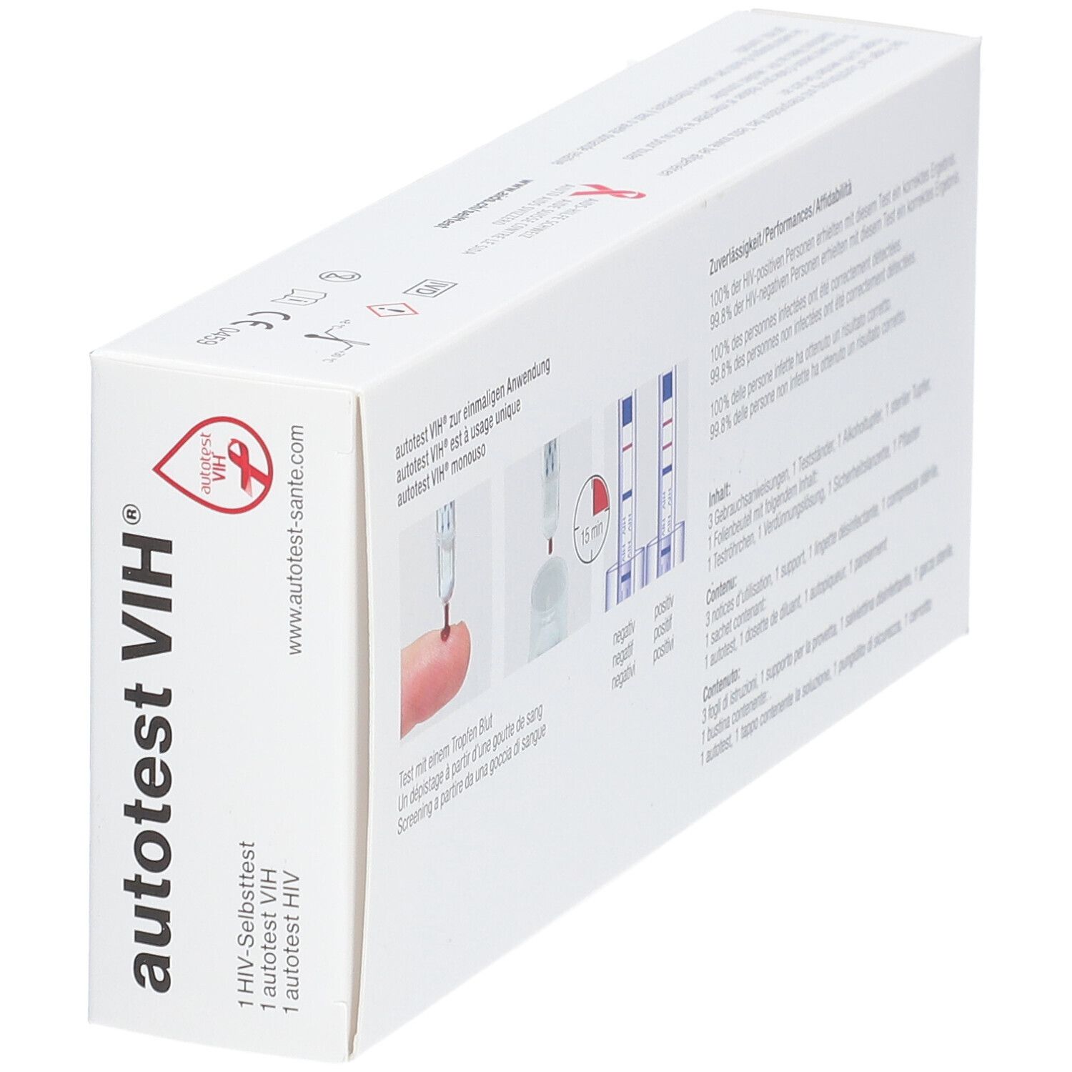 Rückseite der MEPHA Autotest VIH®-Verpackung. Enthält Informationen zu Leistung und Inhalt.