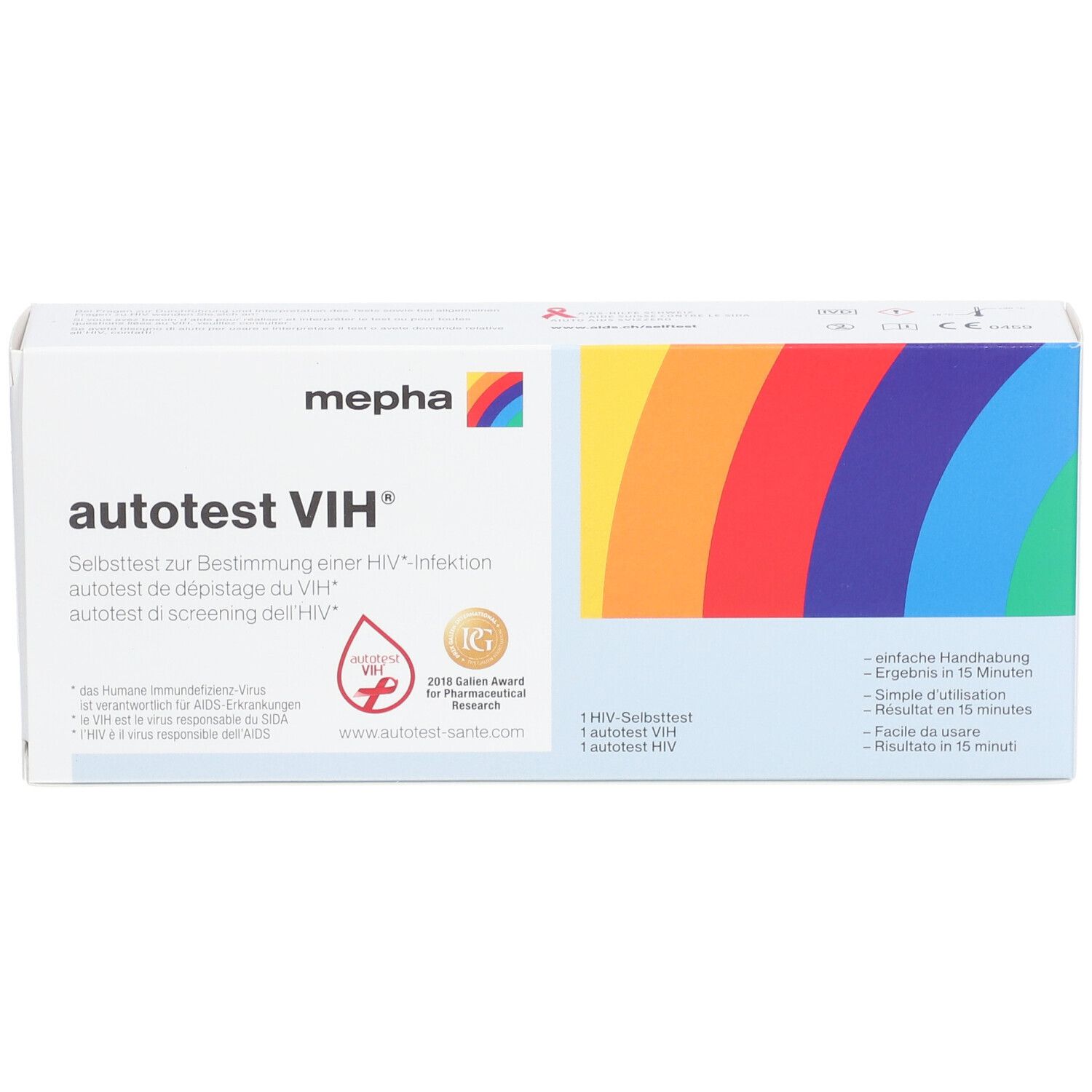 MEPHA Autotest VIH®-Verpackung. Weiß, mit Logo, Regenbogen-Design und Produktbezeichnung.