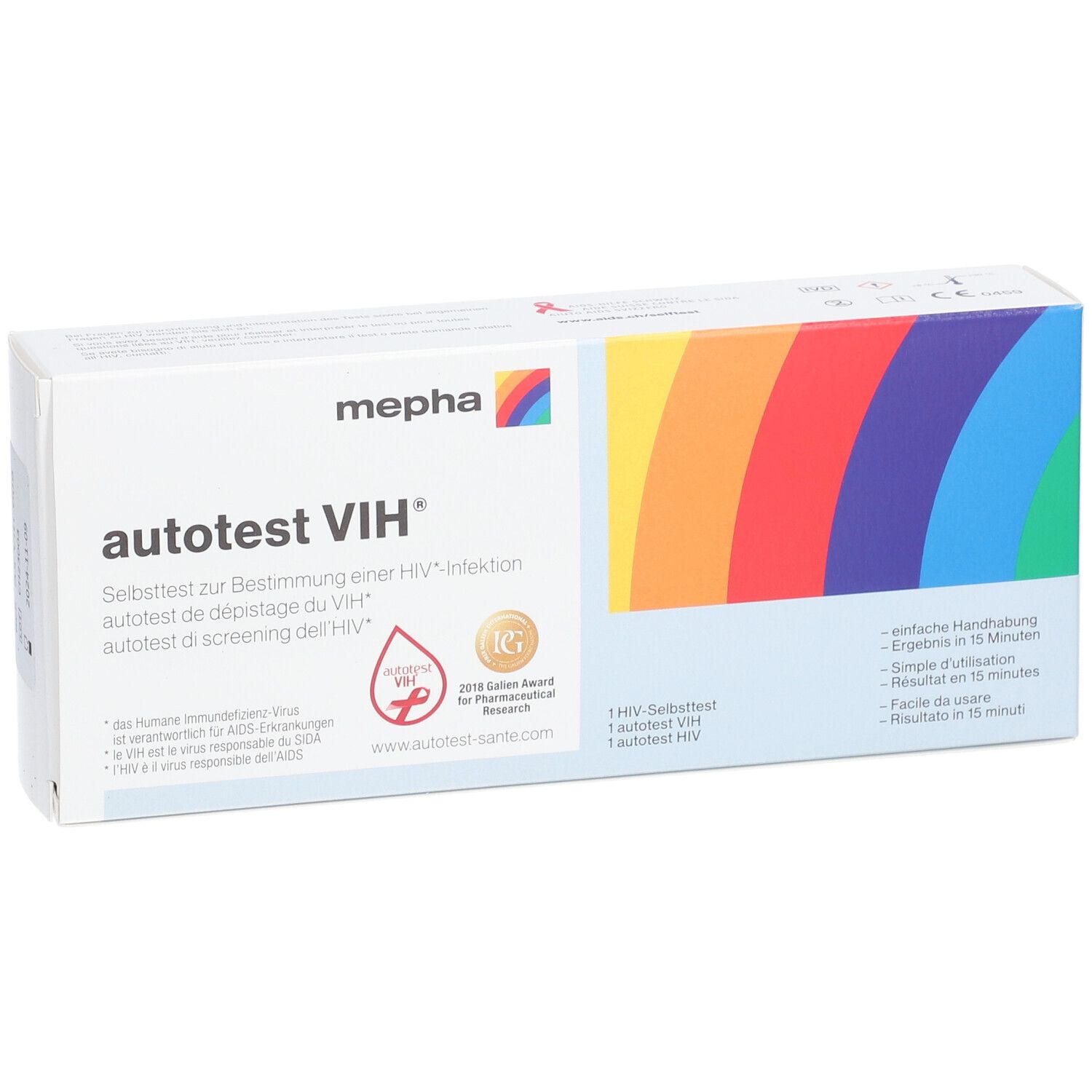 MEPHA Autotest VIH®-Verpackung. Weiß, mit Logo, Regenbogen-Design und Produktbezeichnung.