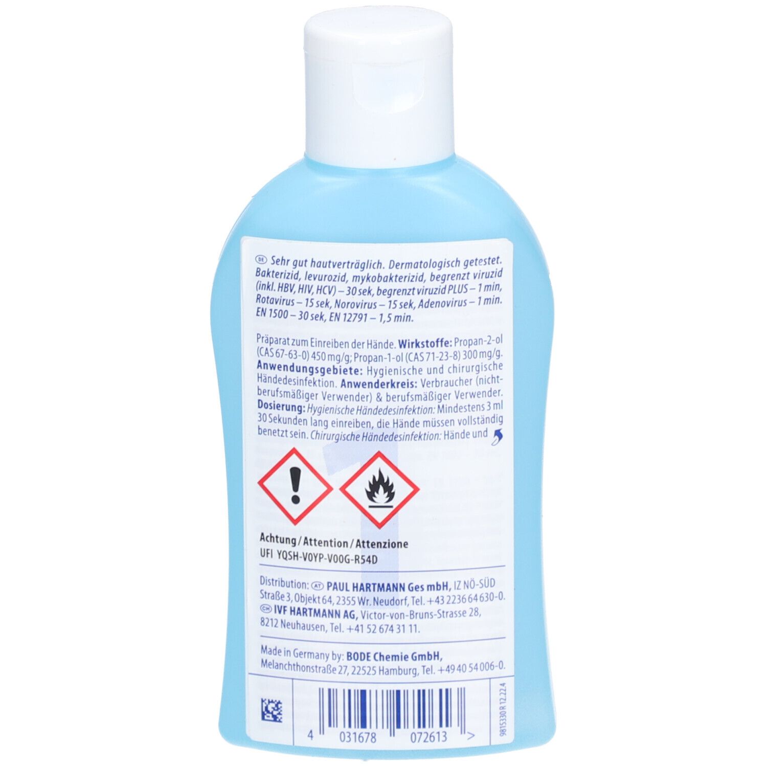 Rückseite der blauen Flasche Sterillium pure. Etikett mit Text, Warnhinweisen und Herstellerinformationen.