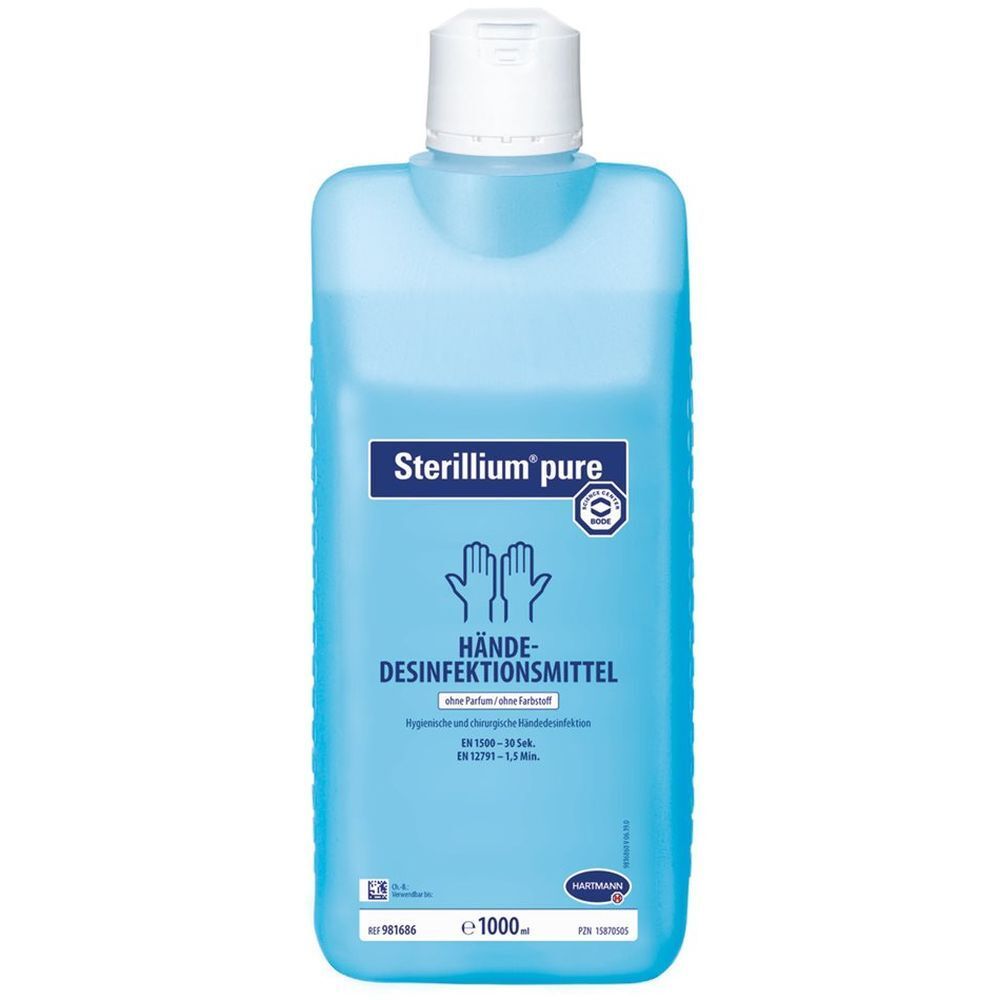 Blaue Flasche mit weißem Deckel. Aufschrift: Sterillium pure, Hände-Desinfektionsmittel. 1000 ml.