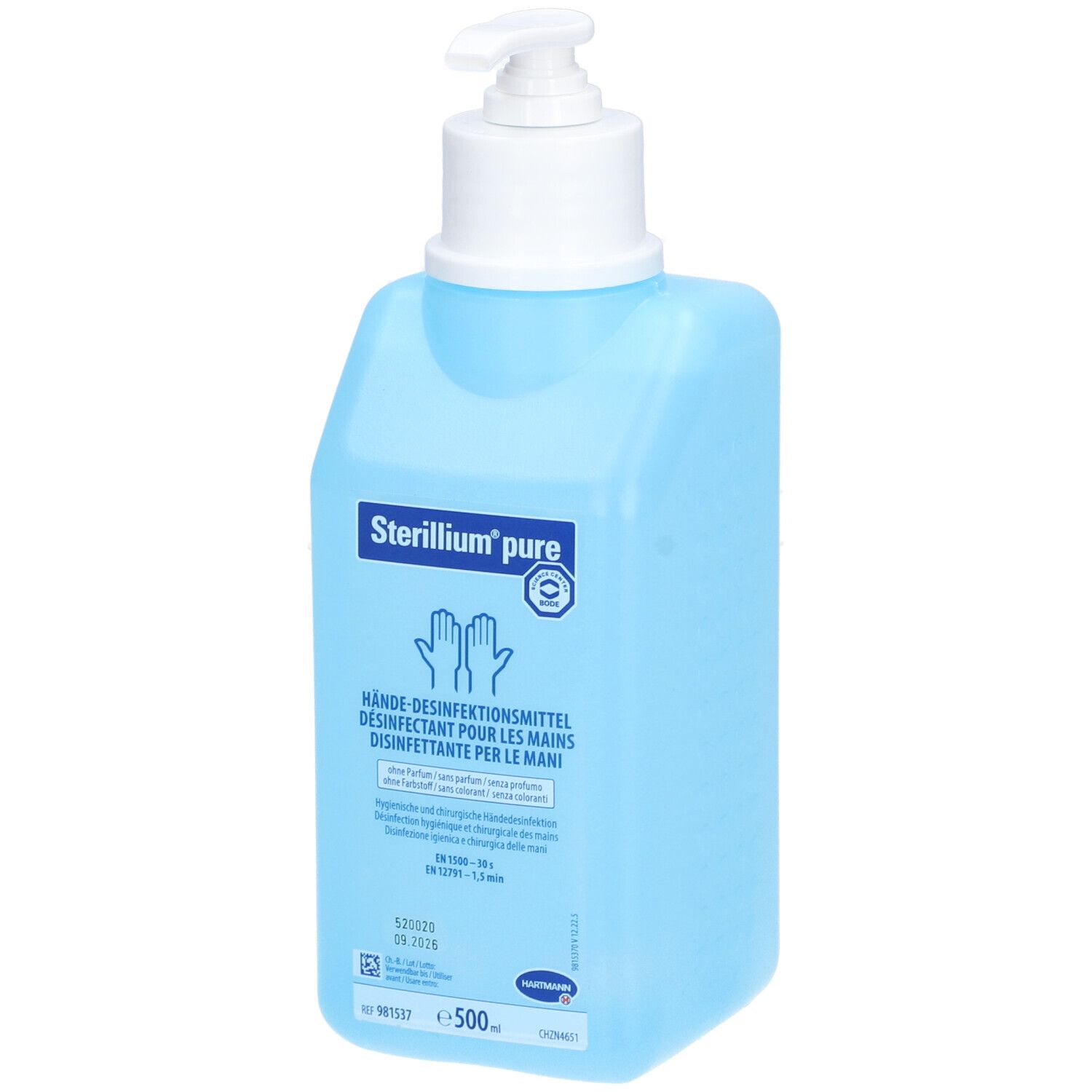 Hellblaue Flasche mit weißem Pumpkopf. Aufschrift: Sterillium pure, Händedesinfektionsmittel. Mit Logo und Piktogrammen.