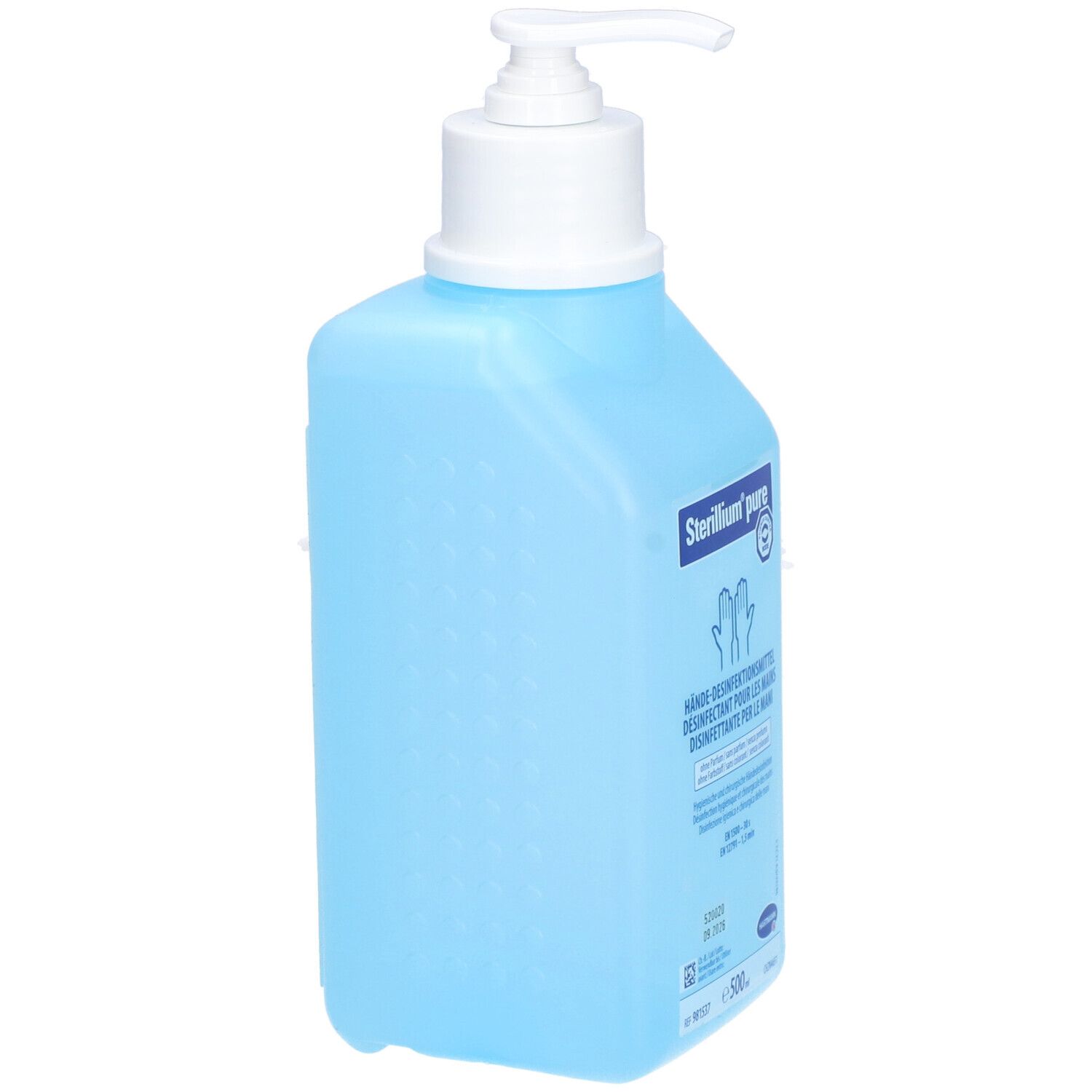 Hellblaue Flasche mit weißem Pumpkopf. Aufschrift: Sterillium pure, Händedesinfektionsmittel. Mit Logo und Piktogrammen.