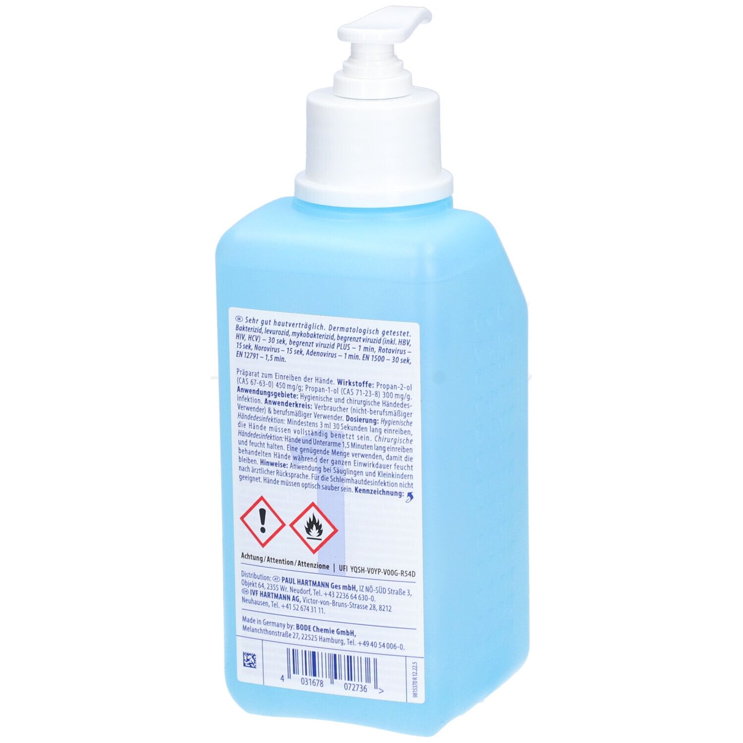 Hellblaue Flasche mit weißem Pumpkopf. Rückseite mit Text und Warnhinweisen. Enthält Informationen zu Inhaltsstoffen und Hersteller.