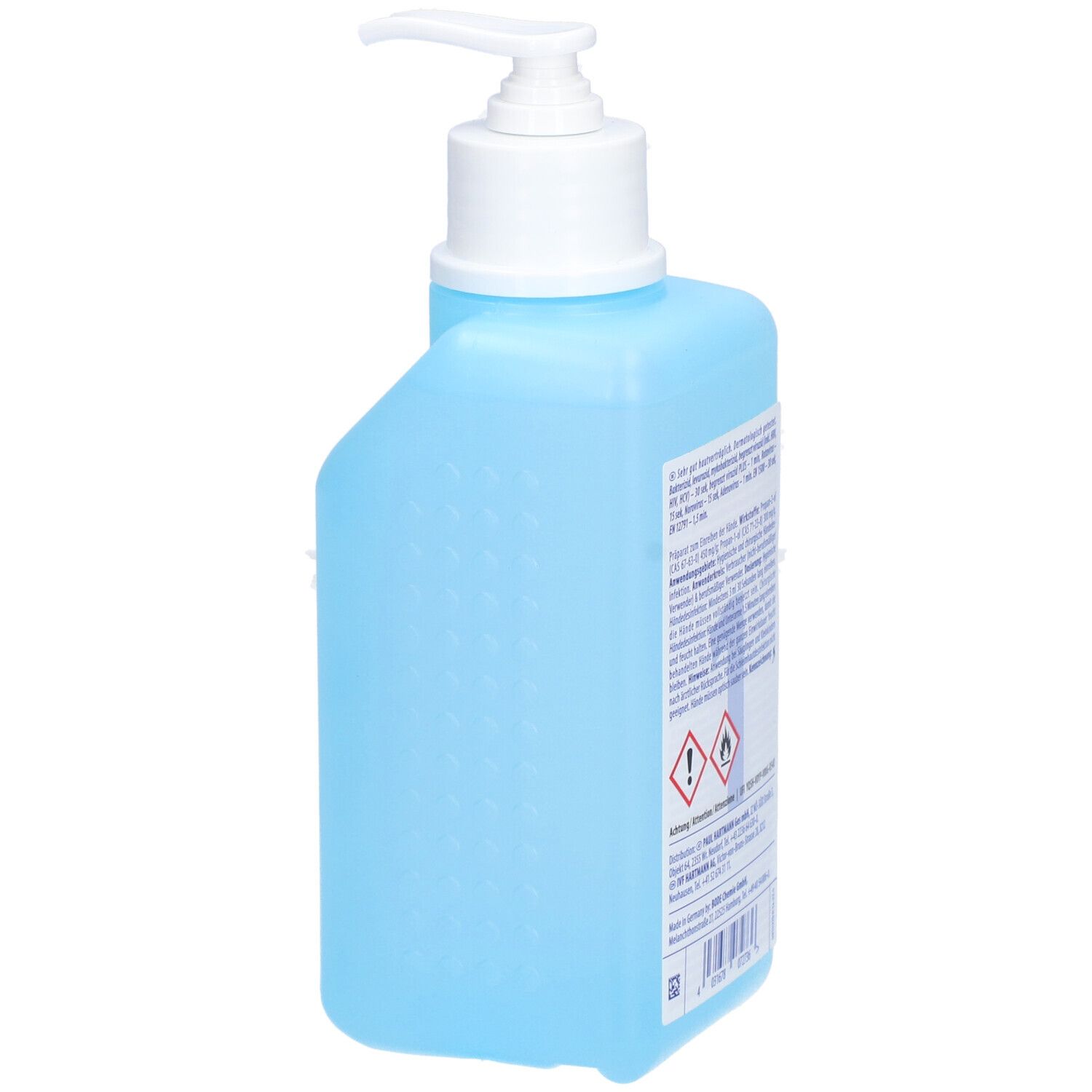Hellblaue Flasche mit weißem Pumpkopf. Rückseite mit Text und Warnhinweisen. Enthält Informationen zu Inhaltsstoffen und Hersteller.