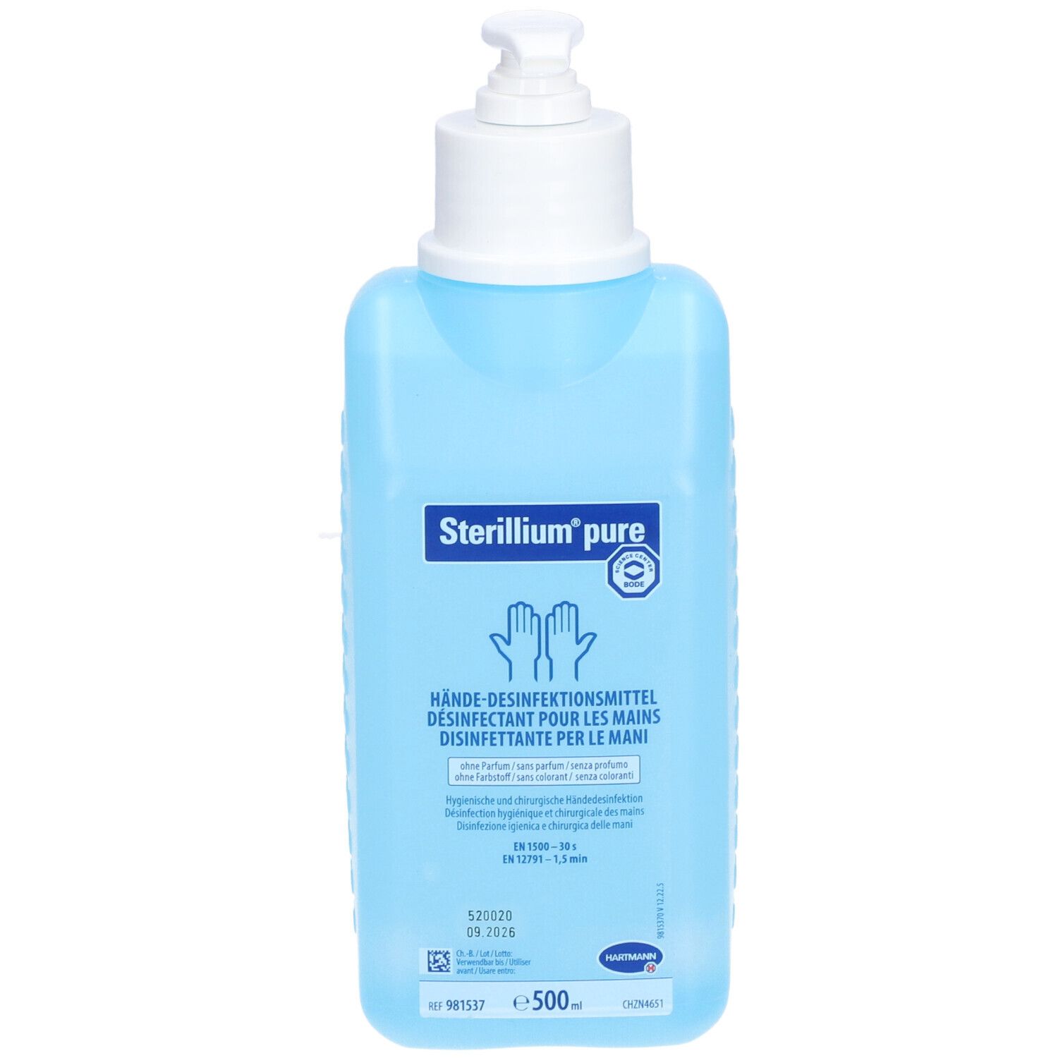 Hellblaue Flasche mit weißem Pumpkopf. Aufschrift: Sterillium pure, Händedesinfektionsmittel. Mit Logo und Piktogrammen.