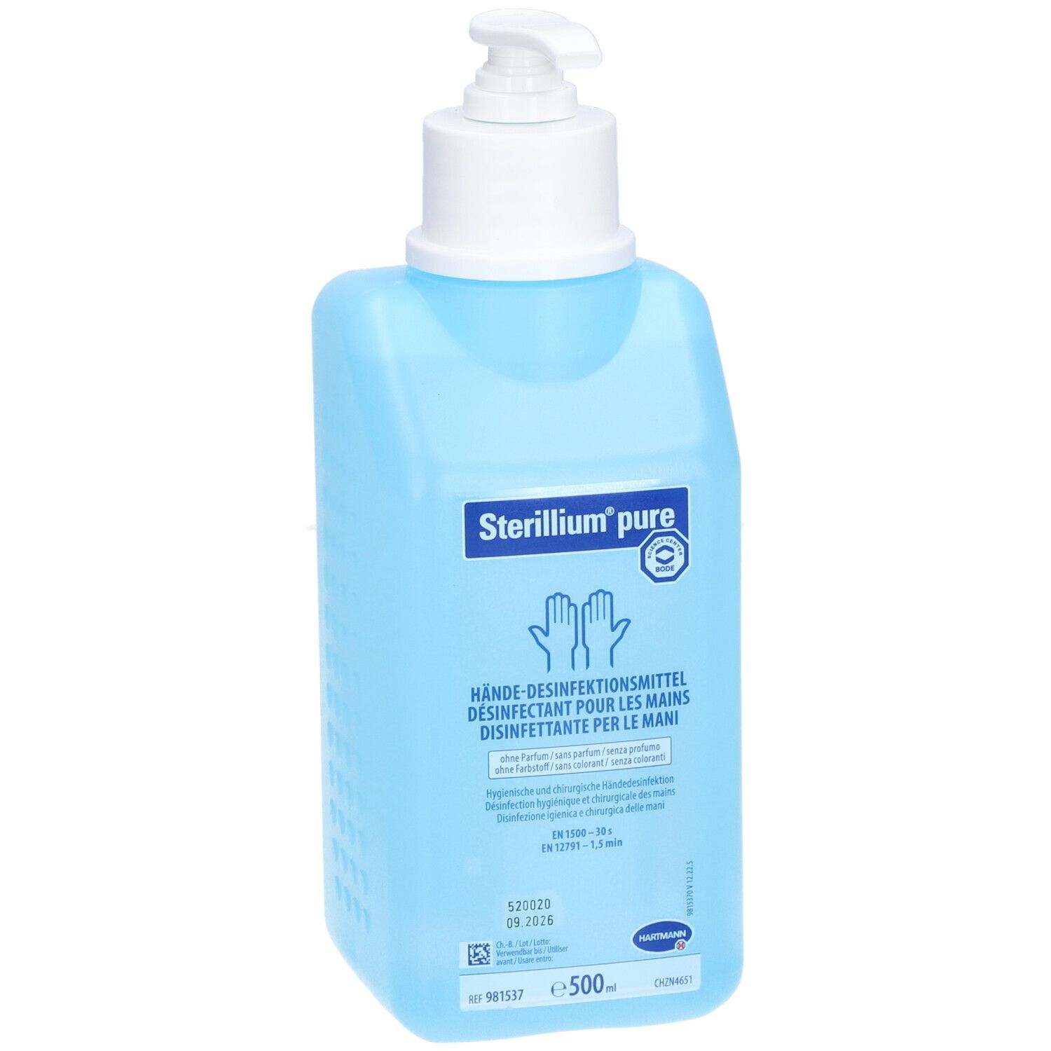 Hellblaue Flasche mit weißem Pumpkopf. Aufschrift: Sterillium pure, Händedesinfektionsmittel. Mit Logo und Piktogrammen.