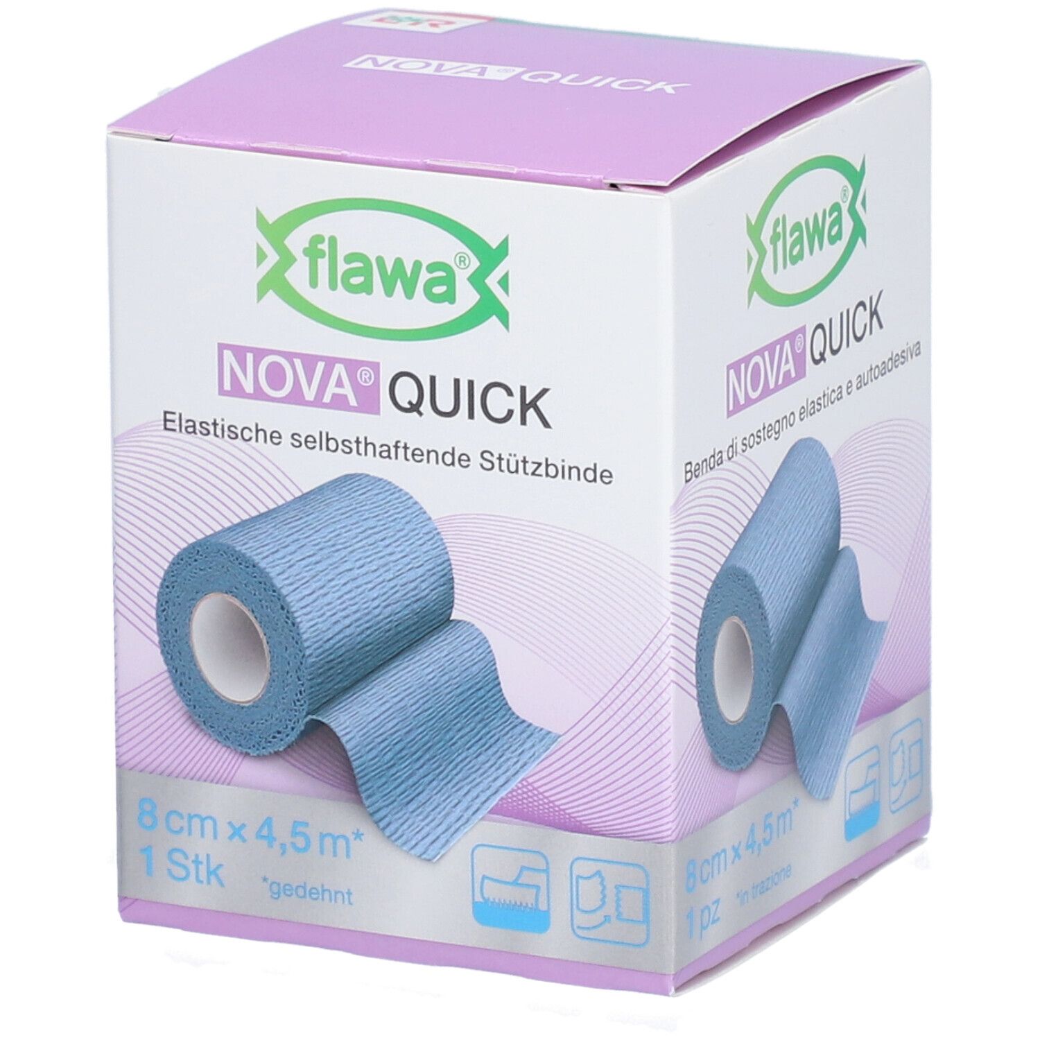 Verpackung mit blauem Verband. Aufschrift: FLAWA Nova Quick, 8 cm x 4,5 m. 1 Stück.