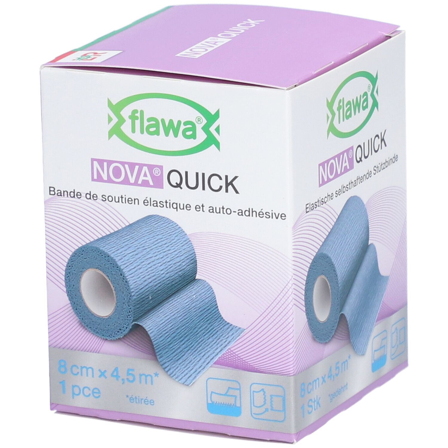 Verpackung mit blauem Verband. Aufschrift: FLAWA Nova Quick, 8 cm x 4,5 m. 1 Stück. Produktabbildung.
