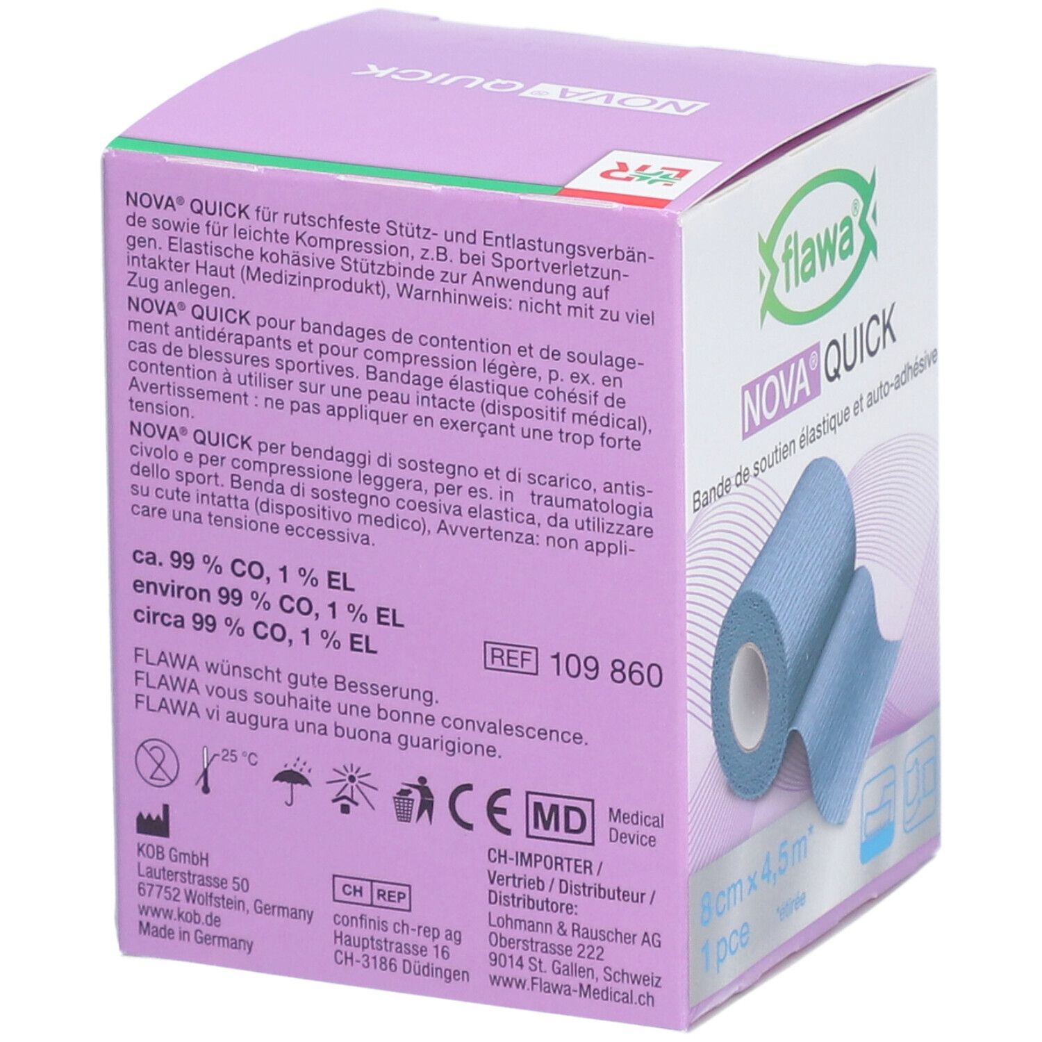 Verpackung mit blauem Verband. Aufschrift: FLAWA Nova Quick, 8 cm x 4,5 m. Text und Logos. CE-Kennzeichnung.