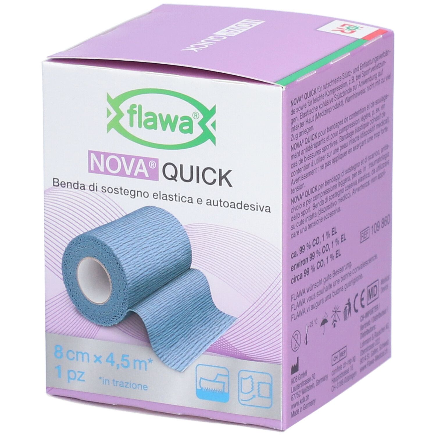 Verpackung mit blauem Verband. Aufschrift: FLAWA Nova Quick, 8 cm x 4,5 m. 1 Stück. Produktabbildung.