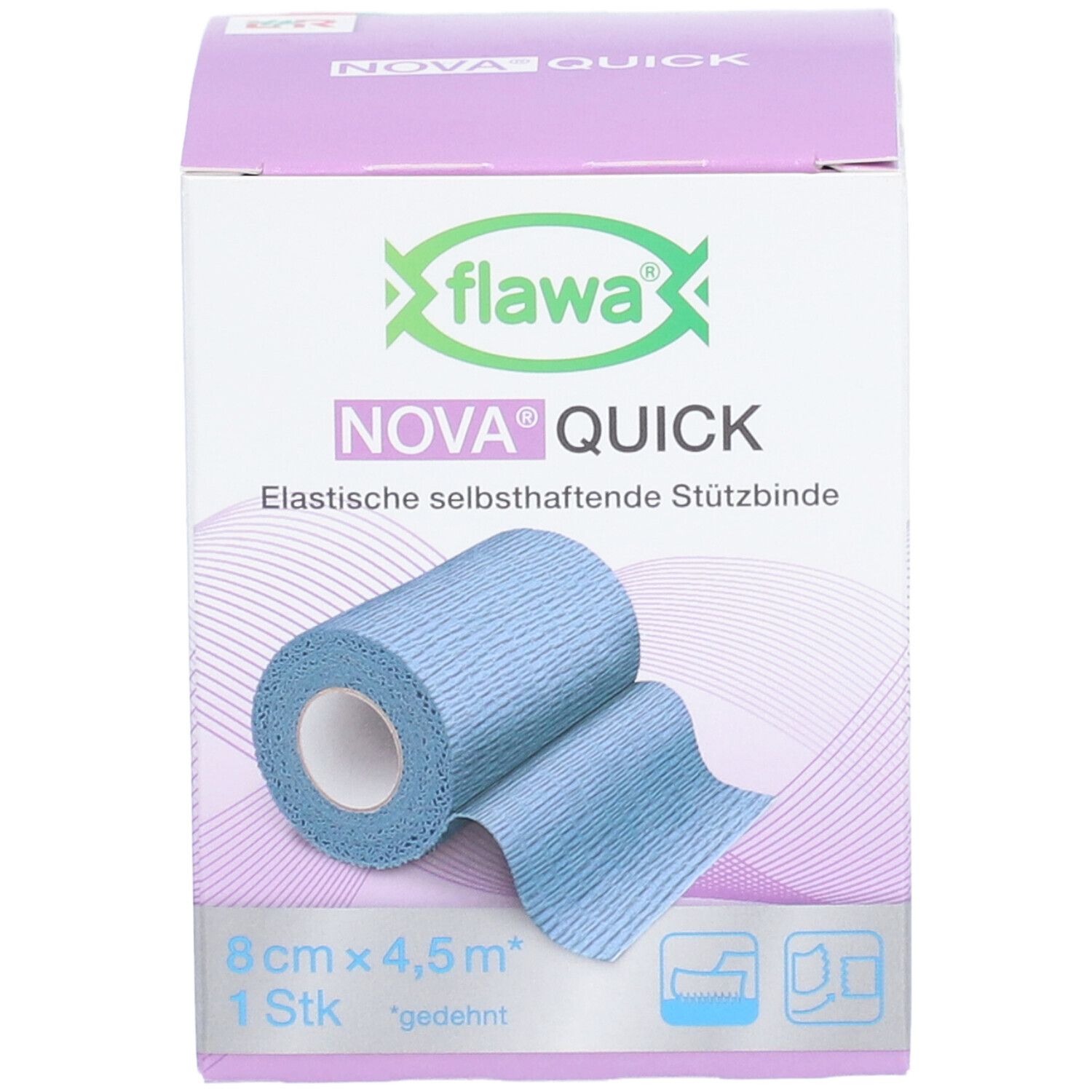 Verpackung mit blauem Verband. Aufschrift: FLAWA Nova Quick, 8 cm x 4,5 m. 1 Stück.