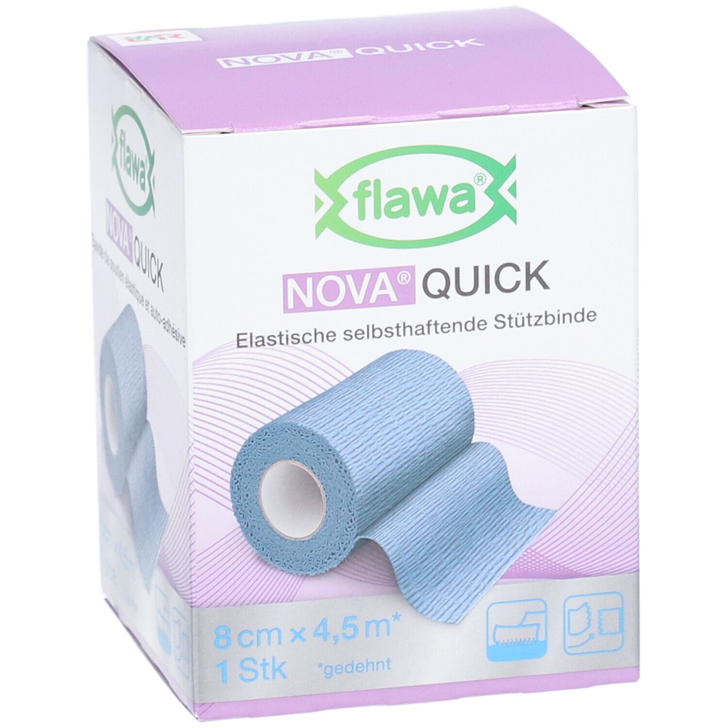 Verpackung mit blauem Verband. Aufschrift: FLAWA Nova Quick, 8 cm x 4,5 m. 1 Stück.