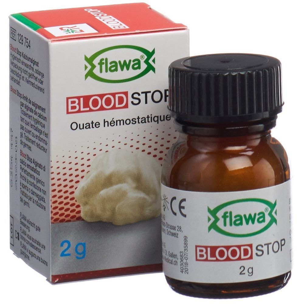 Braune Glasflasche mit schwarzem Deckel und weißem Etikett. Enthält Watte. Auf dem Etikett steht "flawa BLOOD STOP".