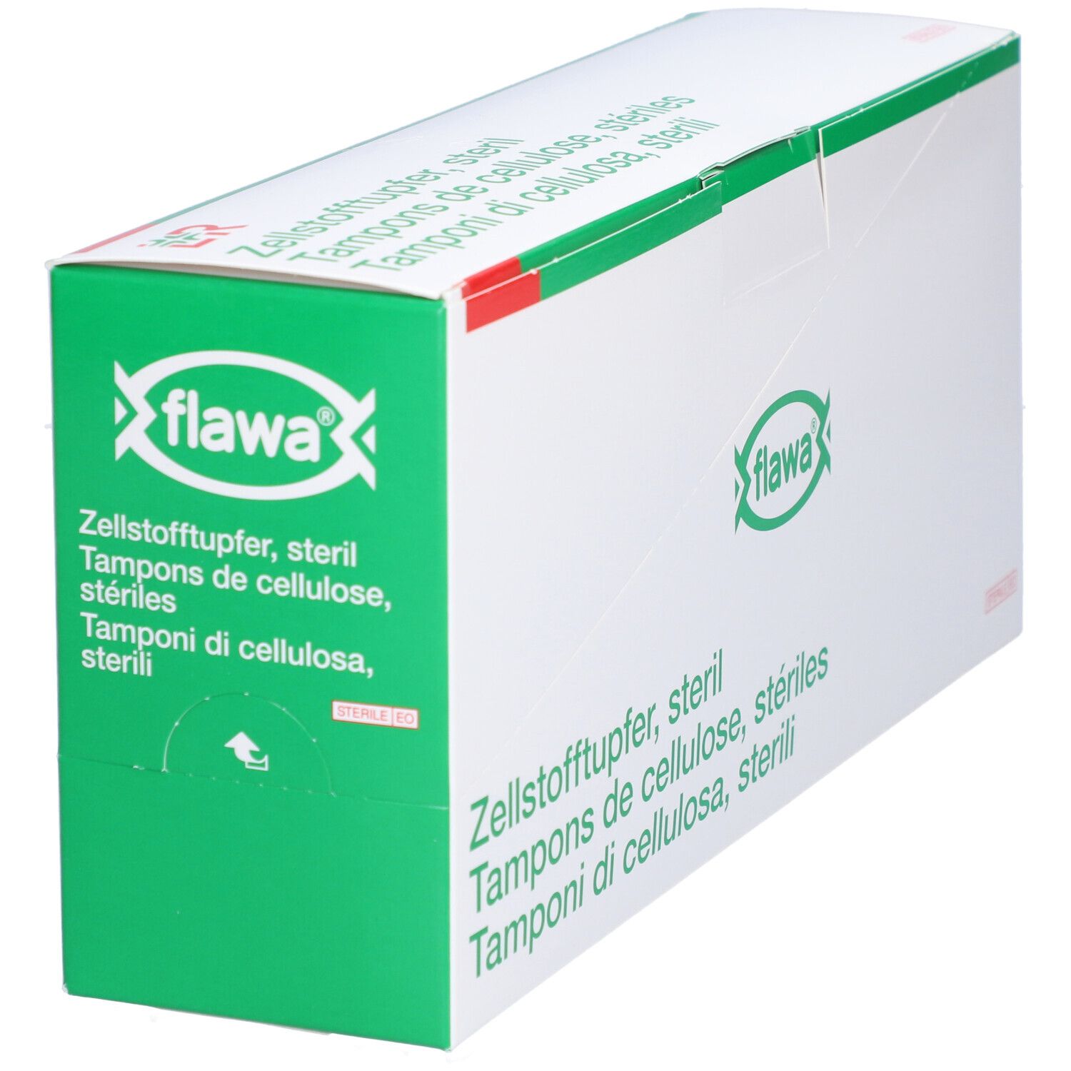 Karton von Flawa Zellstofftupfer, steril. Weiß mit grünen Akzenten. Produktname und Logo deutlich sichtbar. Mehrsprachige Beschriftung.
