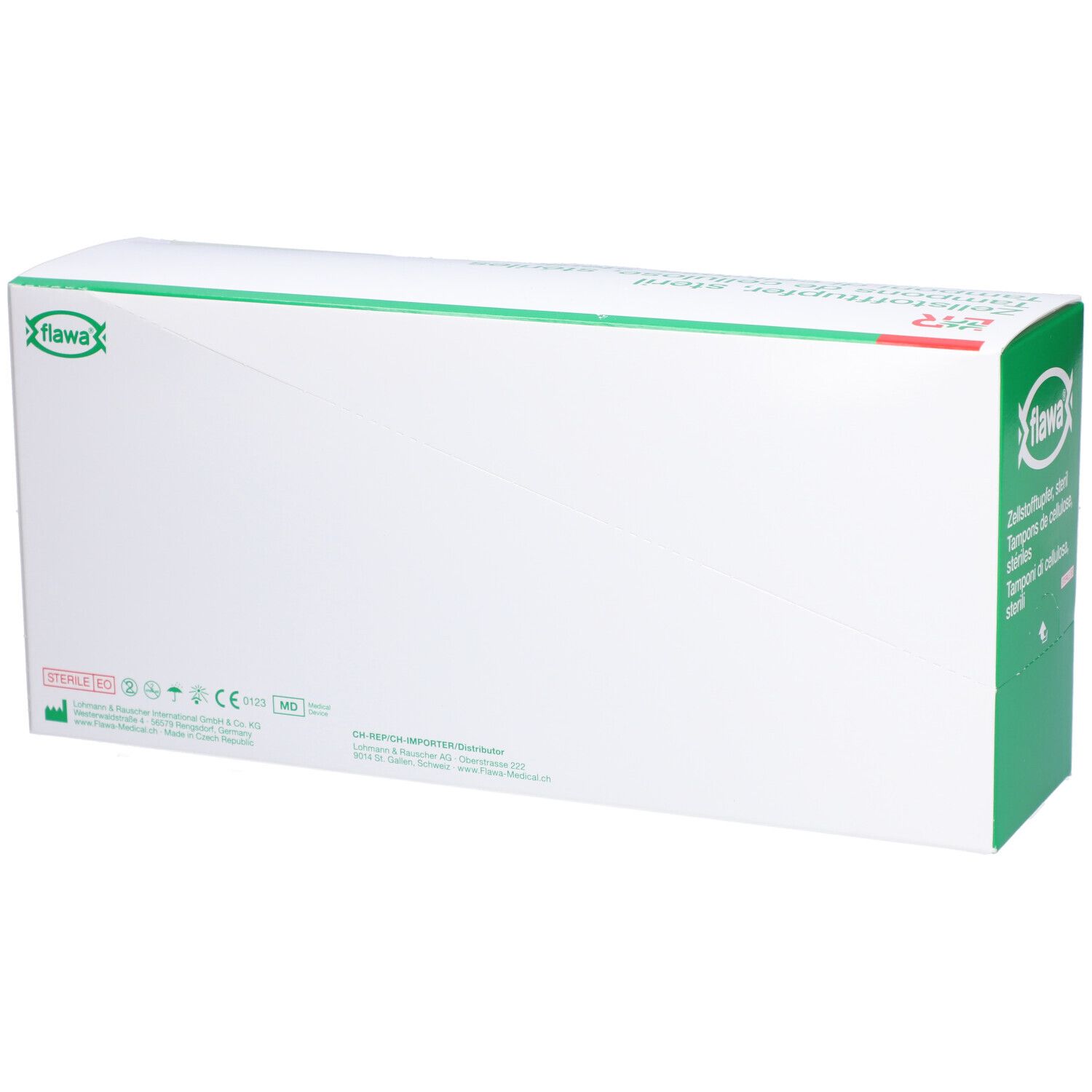 Verpackung von Flawa Zellstofftupfer, steril. Weißer Karton mit grünen Akzenten. Produktbezeichnung in mehreren Sprachen.