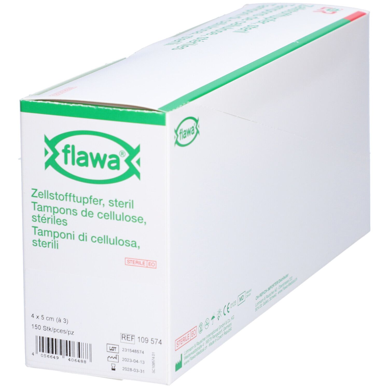 Karton von Flawa Zellstofftupfer, steril. Produktbezeichnung, Größe und Menge sind angegeben. Logo und Zertifizierungen sichtbar.