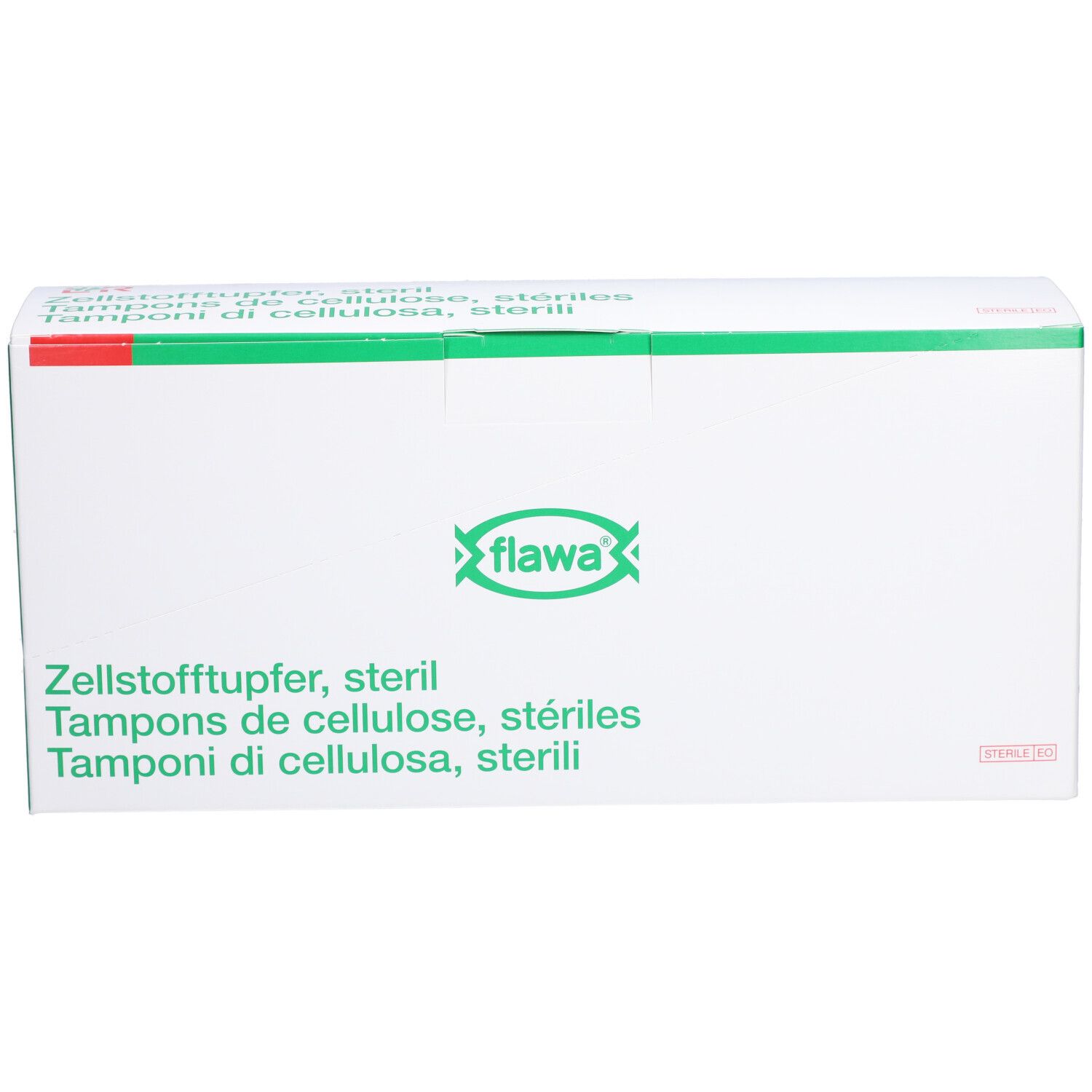 Verpackung von Flawa Zellstofftupfer, steril. Weißer Karton mit grünen Akzenten. Produktbezeichnung in mehreren Sprachen.