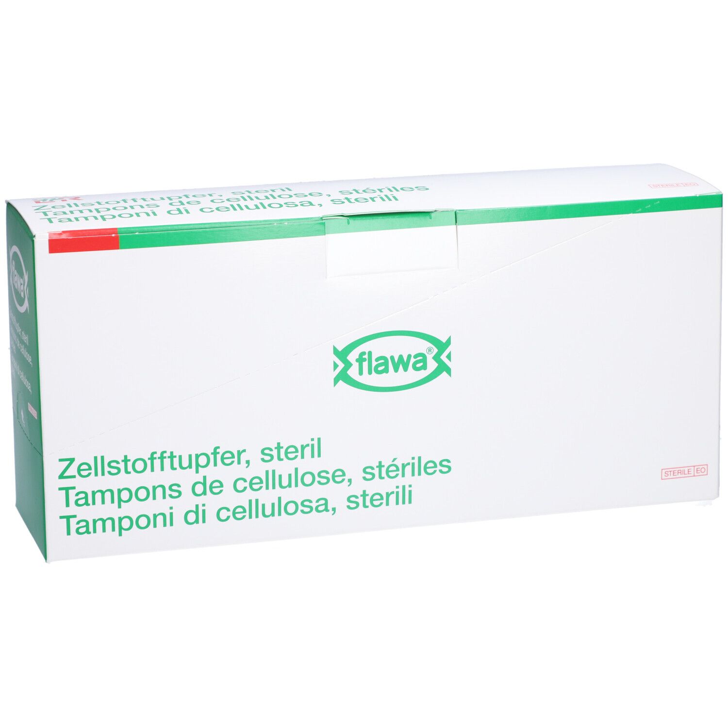 Karton von Flawa Zellstofftupfer, steril. Weiß mit grünen Akzenten. Produktname und Logo deutlich sichtbar. Mehrsprachige Beschriftung.