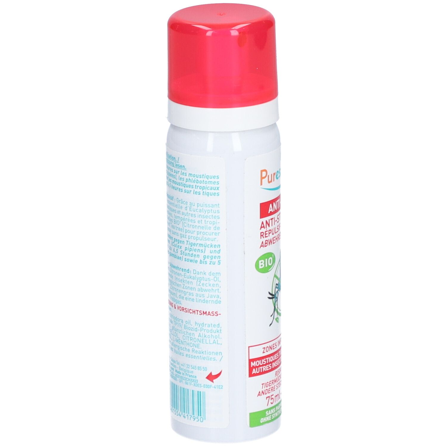 Rückseite des weißen Sprays mit rotem Deckel. Text in mehreren Sprachen. Barcode und Warnhinweise.