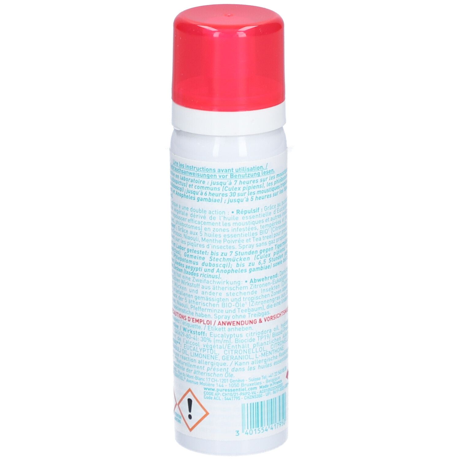 Rückseite des weißen Sprays mit rotem Deckel. Text in mehreren Sprachen. Warnhinweise und Piktogramme.