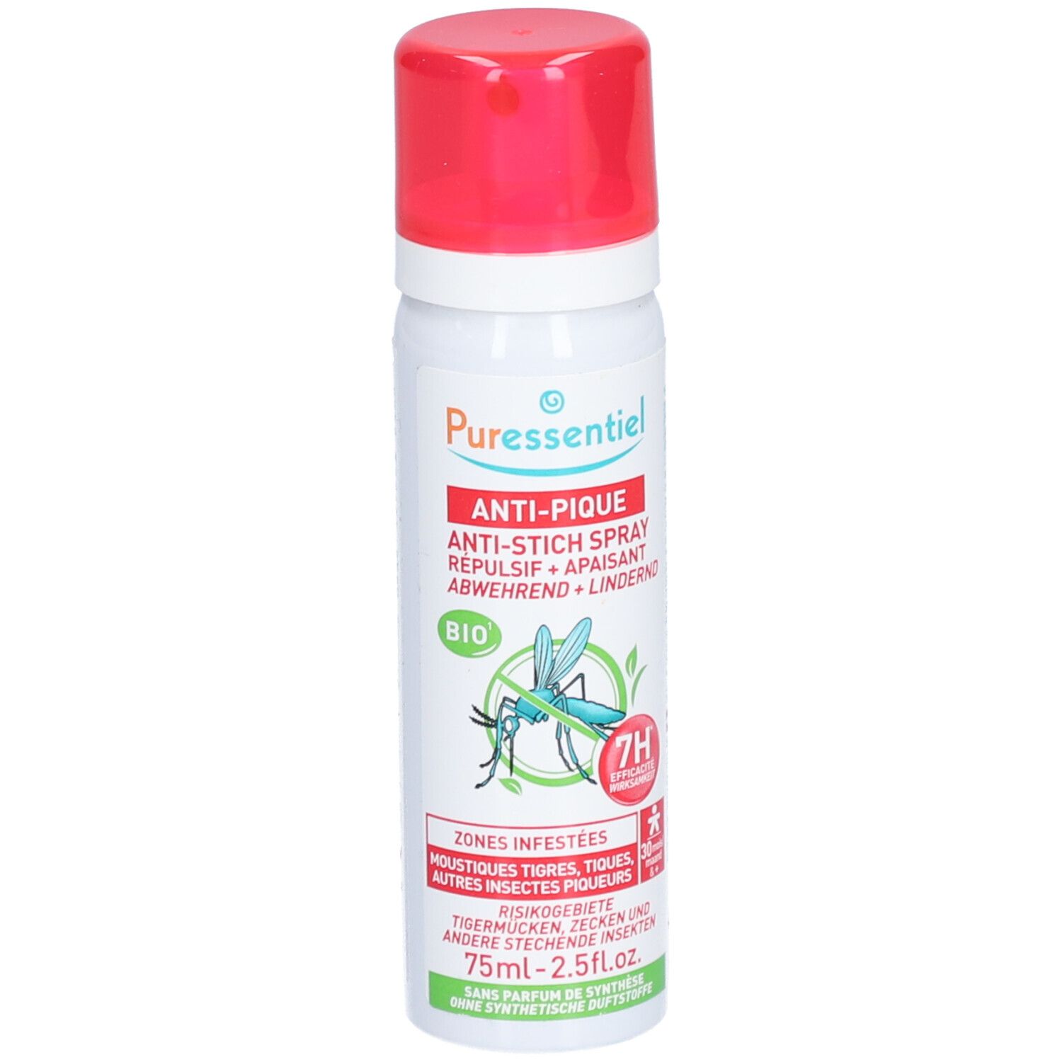 Weißes Spray mit rotem Deckel. Aufschrift: Anti-Pique, Bio-Zertifizierung, Insekten-Illustration. 75ml.