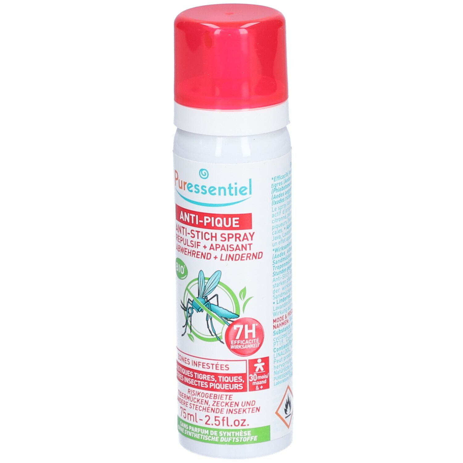 Weißes Spray mit rotem Deckel. Aufschrift: Anti-Pique, Bio-Zertifizierung, Insekten-Illustration. 75ml. Kindersymbol.