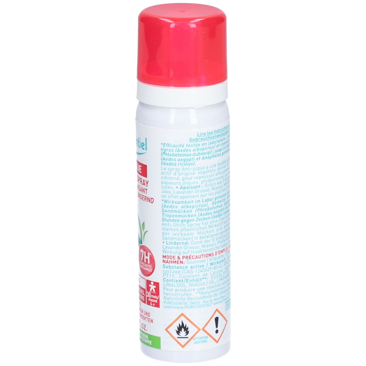Rückseite des weißen Sprays mit rotem Deckel. Text in mehreren Sprachen. Warnhinweise, Piktogramme und Kindersymbol.