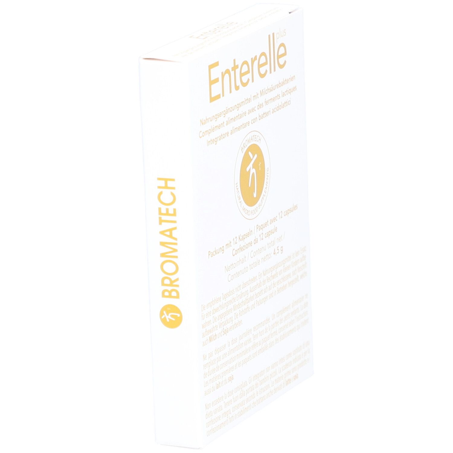 Weiße Schachtel mit "Enterelle plus" und Bromatech-Logo. Enthält 12 Kapseln.