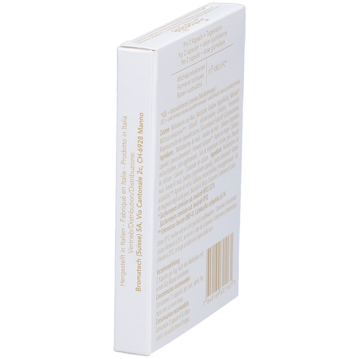Schachtel mit Herstellerinformationen und Barcode. Produkt: Enterelle plus.