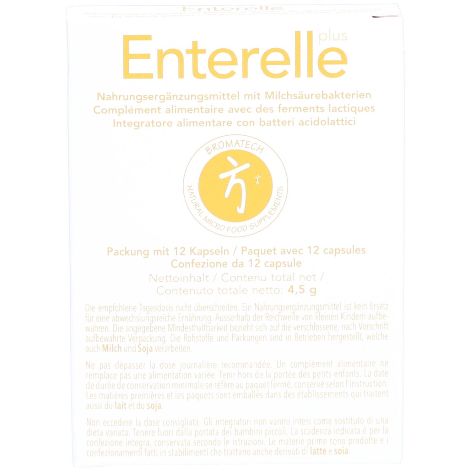 Weiße Schachtel mit "Enterelle plus" und Logo. Enthält 12 Kapseln. Nahrungsergänzungsmittel.