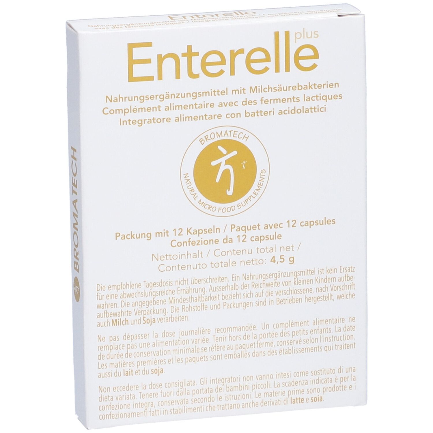 Weiße Schachtel mit "Enterelle plus" und Logo. Enthält 12 Kapseln. Nahrungsergänzungsmittel.