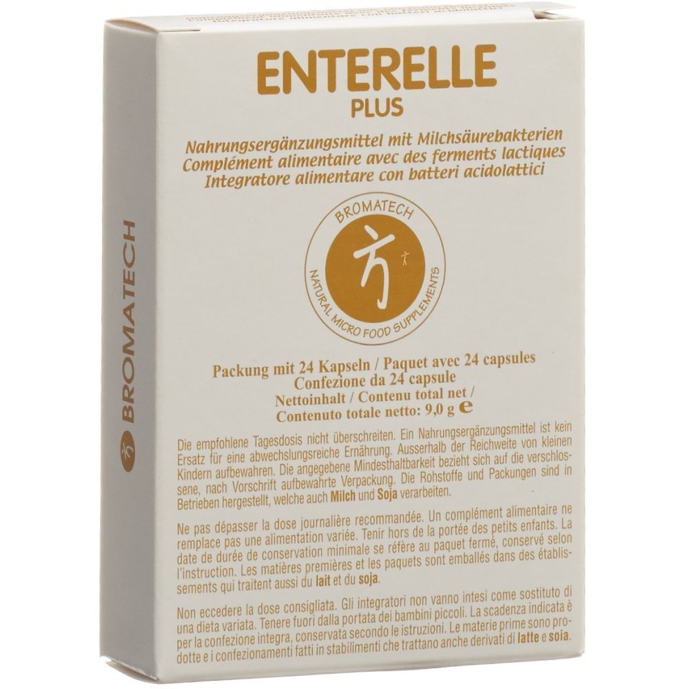 Weiße Schachtel mit Aufschrift ENTERELLE PLUS. Enthält 24 Kapseln. Marke BROMATECH. Text in Deutsch, Französisch, Italienisch.
