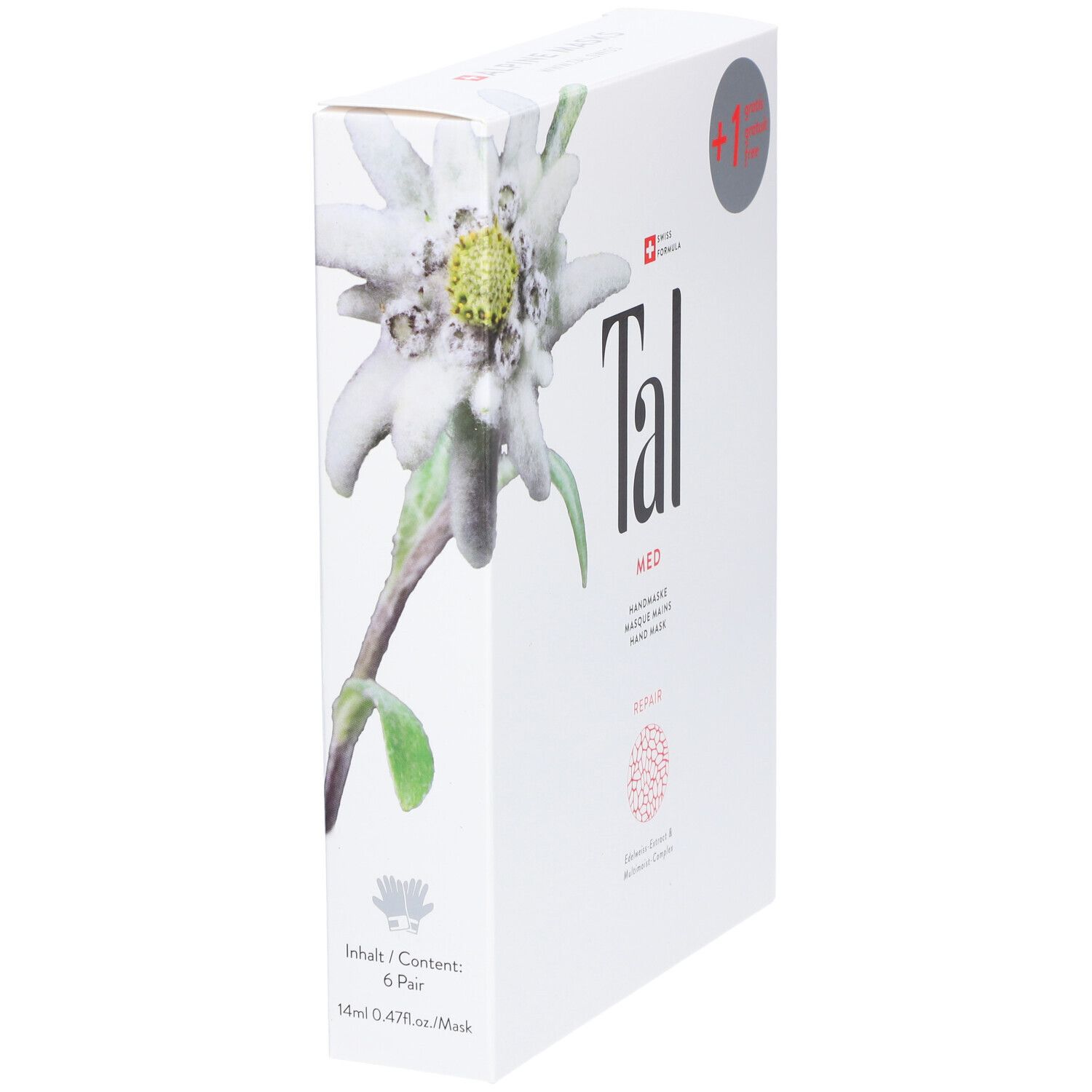 Weiße Verpackung mit Logo "Tal", "MED", Handmaske, Schweizer Kreuz. Gratis-Aufkleber. Edelweiß-Illustration.