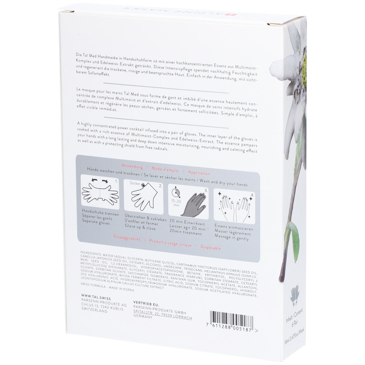Rückseite der Verpackung. Text in Deutsch, Französisch und Englisch. Illustrationen zur Anwendung. Inhaltsstoffe.