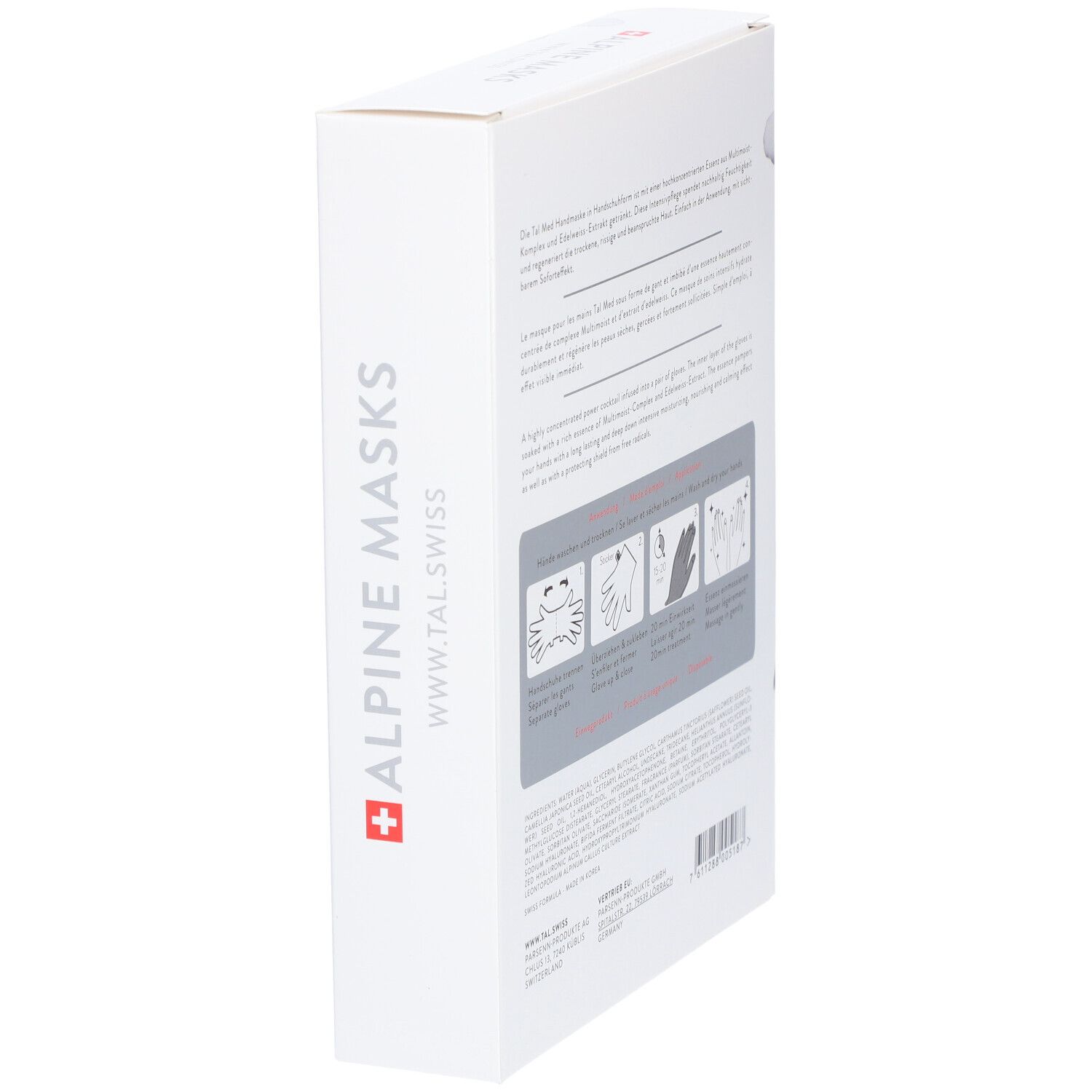 Verpackung mit Text und Illustrationen. Schweizer Kreuz. Text: Alpine Masks. www.tal.swiss. Anwendungshinweise.