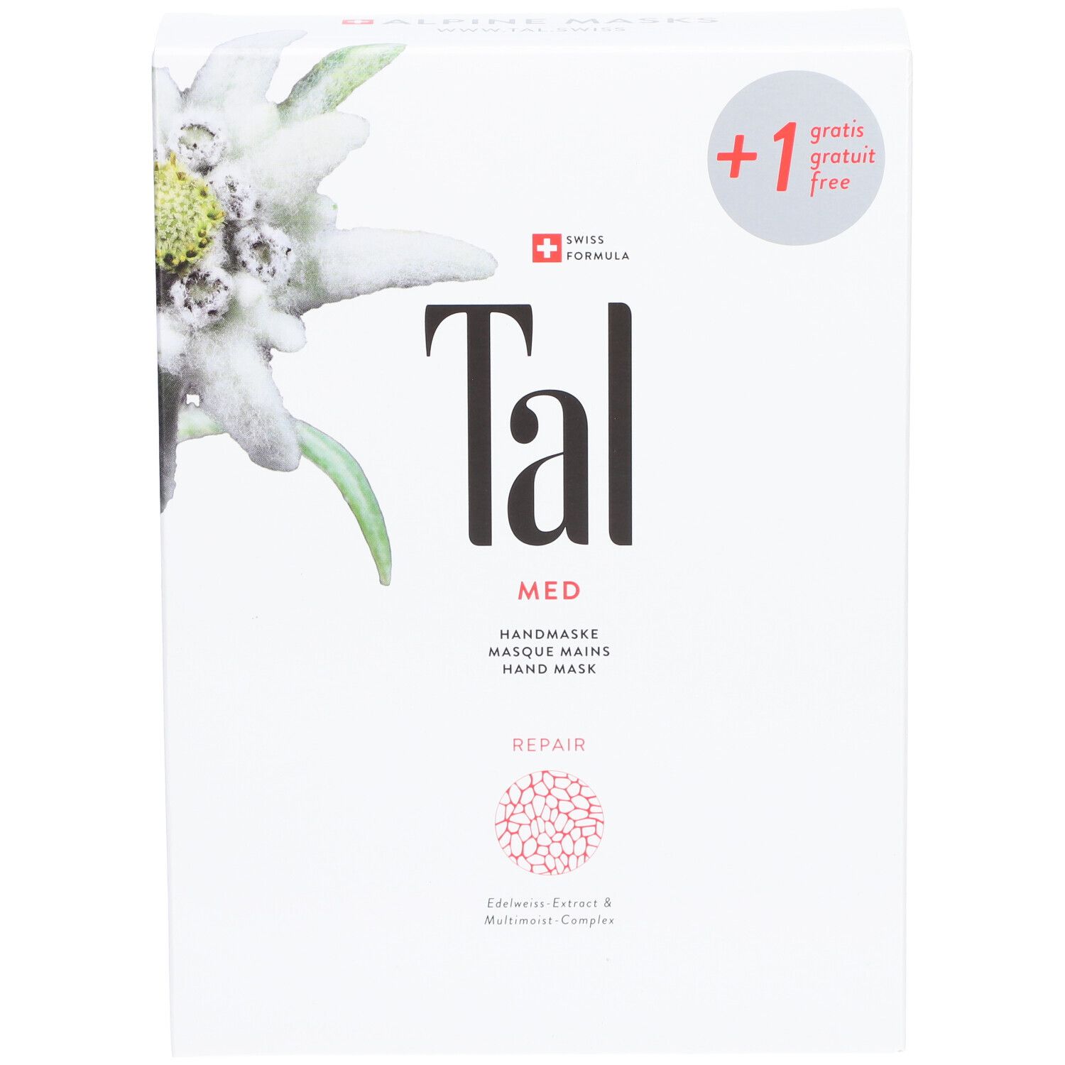 Weiße Verpackung mit Logo "Tal", "MED", Handmaske, Schweizer Kreuz. Gratis-Aufkleber. Edelweiß-Illustration.