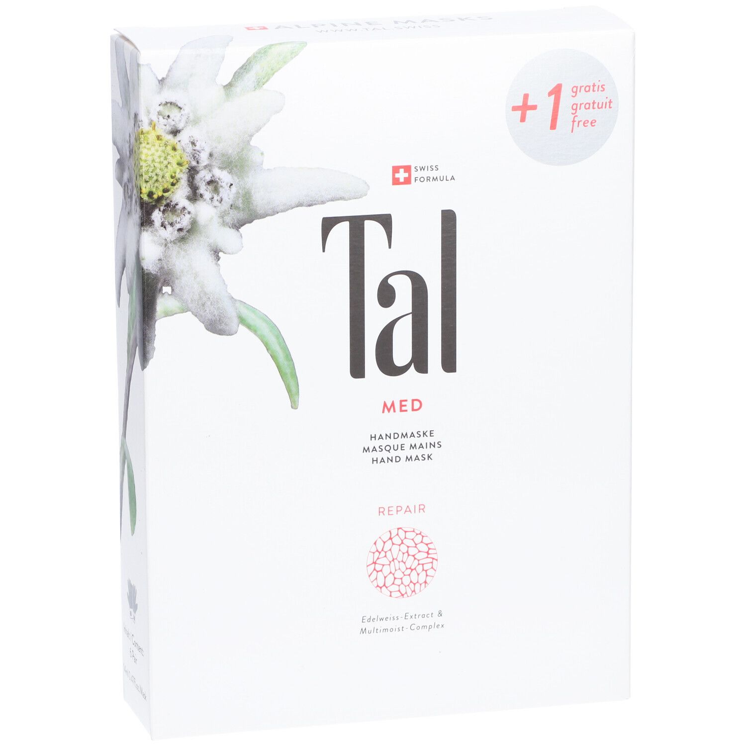 Weiße Verpackung mit Logo "Tal", "MED", Handmaske, Schweizer Kreuz. Gratis-Aufkleber. Edelweiß-Illustration.