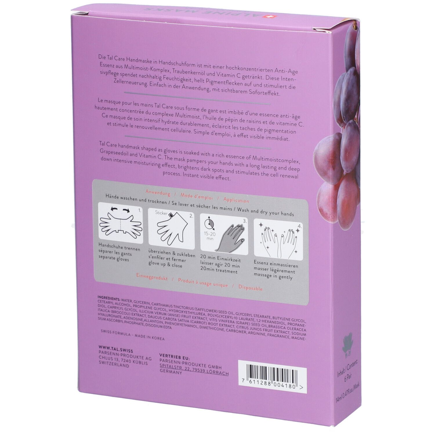 Rückseite der lila Verpackung. Text über Handmaske, Anwendungshinweise mit Piktogrammen. Inhaltsstoffe.