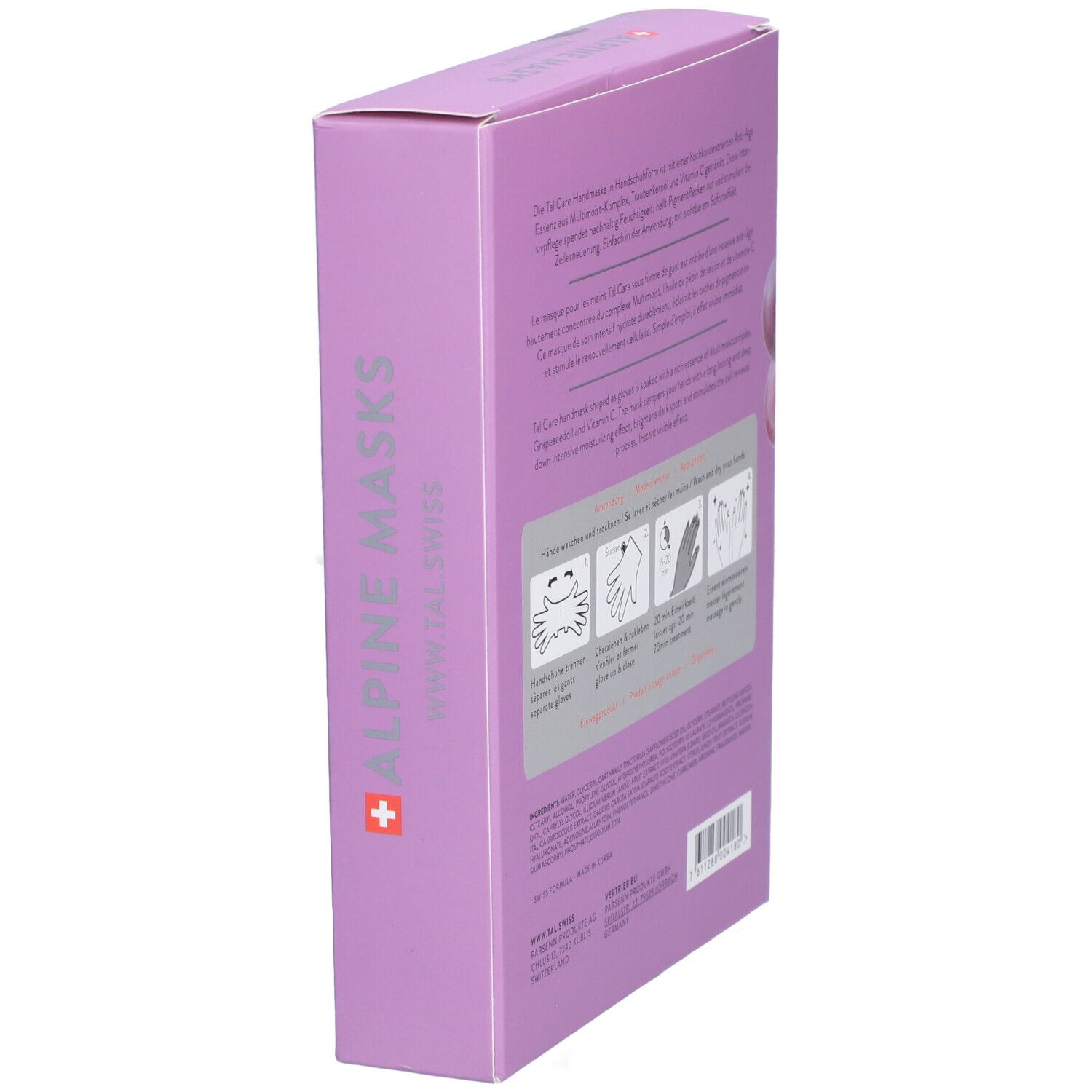 Seite der lila Verpackung. Text über die Handmaske. Schweizer Kreuz. www.talswiss.com.