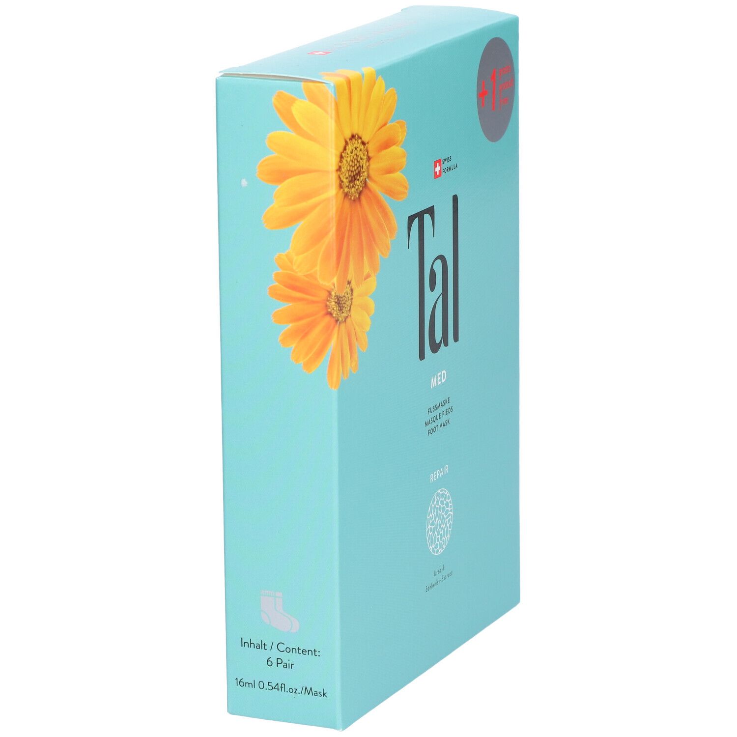 Hellblaue Verpackung mit gelben Blüten und dem Schriftzug "Tal MED". Enthält 6 Paar Fußmasken.
